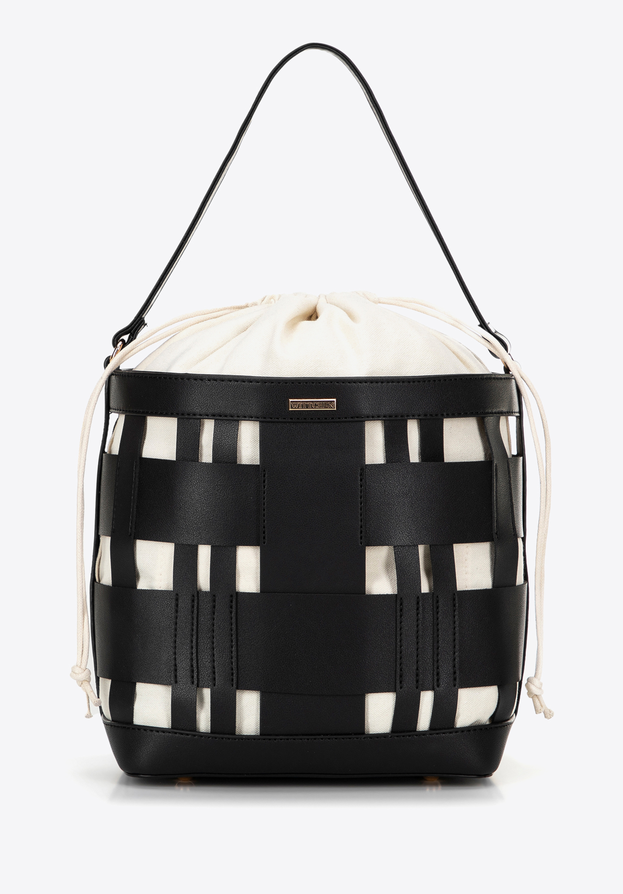Gewebte Beuteltasche aus Kunstleder, schwarz, 100-4Y-423-1, Bild 1