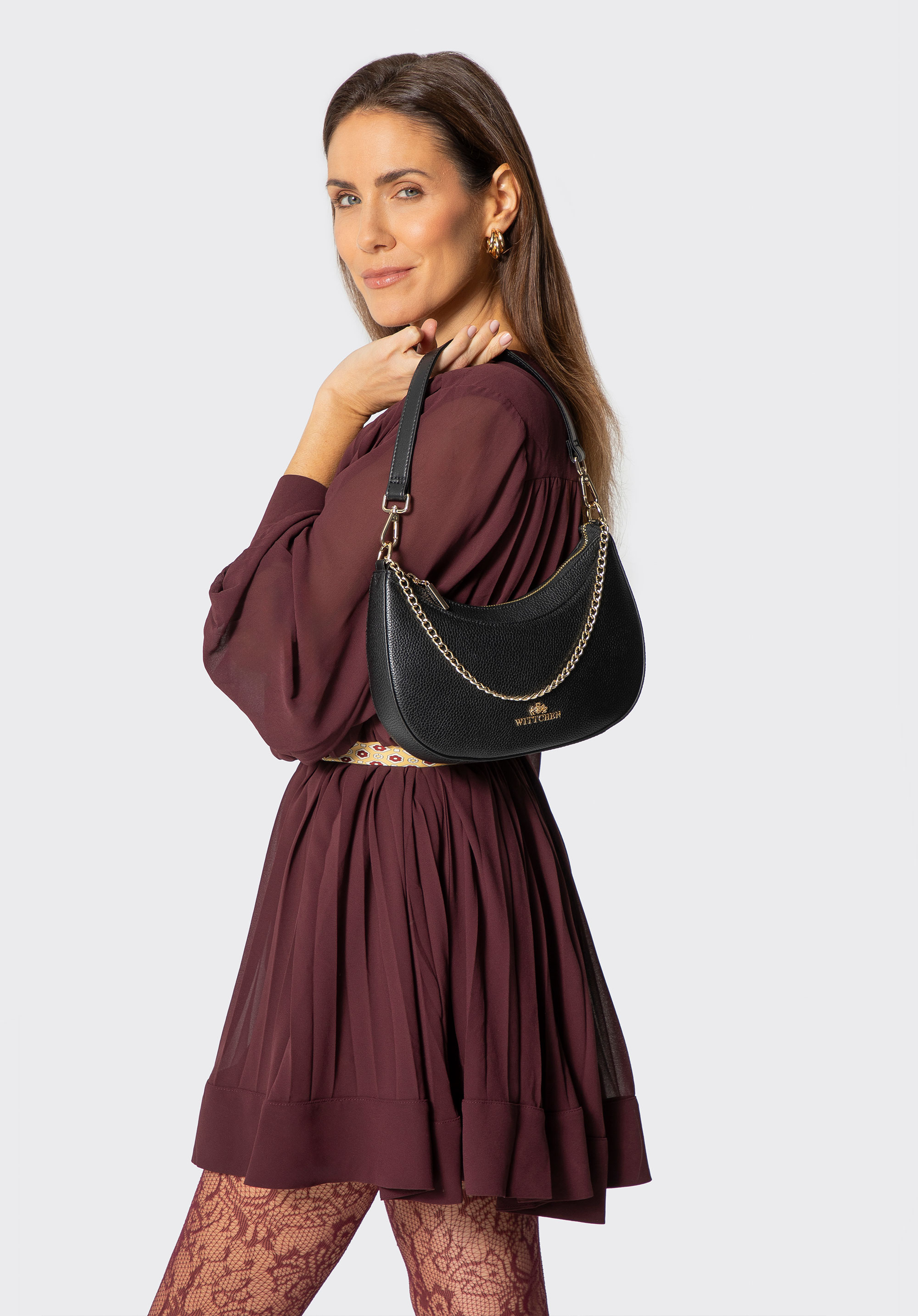Baguette-Tasche aus Leder für Damen mit schmuckinspirierten Details, schwarz-gold, 102-4E-660-1G, Bild 1