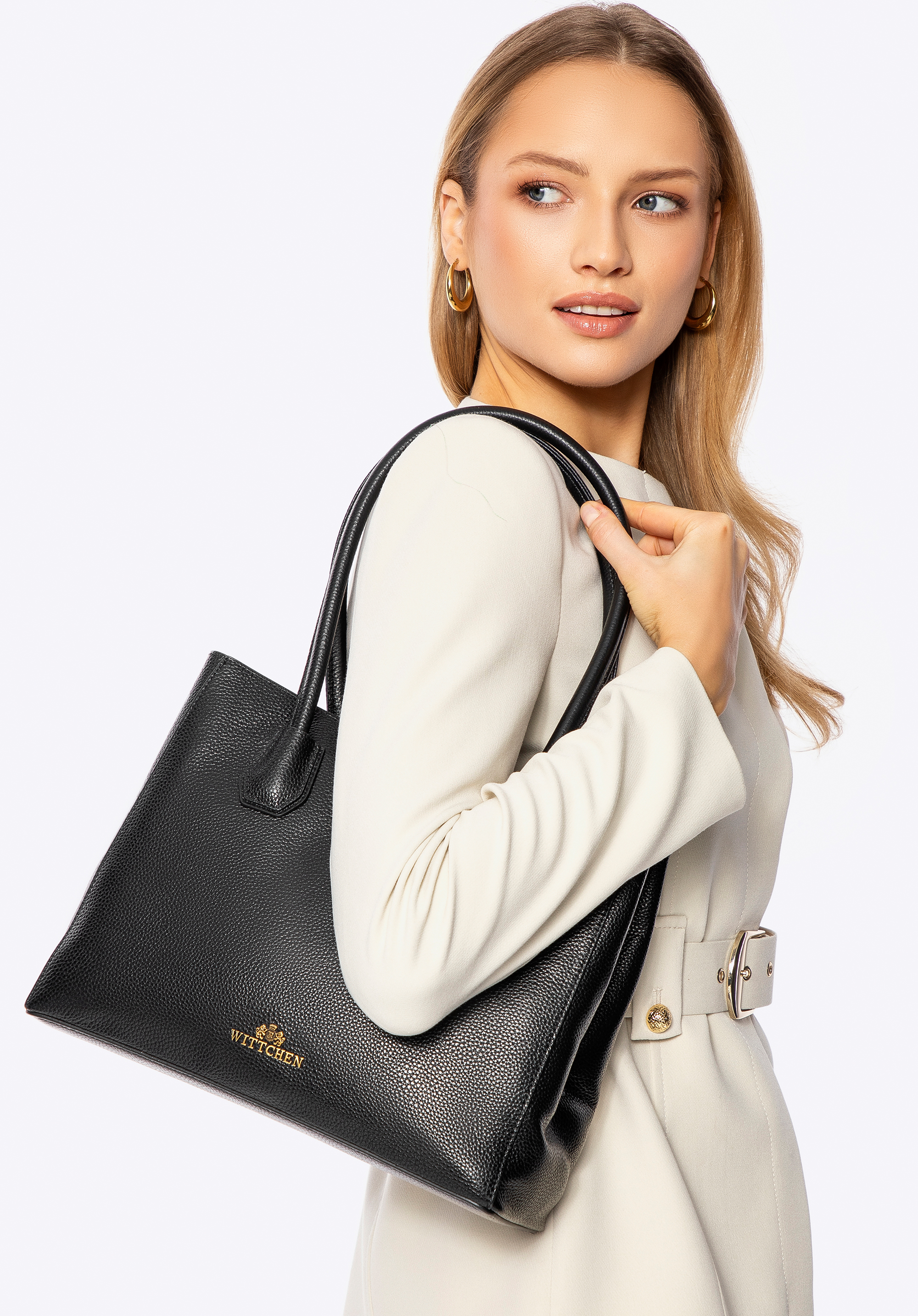 Damen-Einkaufstasche aus Leder mit drei Fächern, schwarz-gold, 100-4E-617-1G, Bild 1