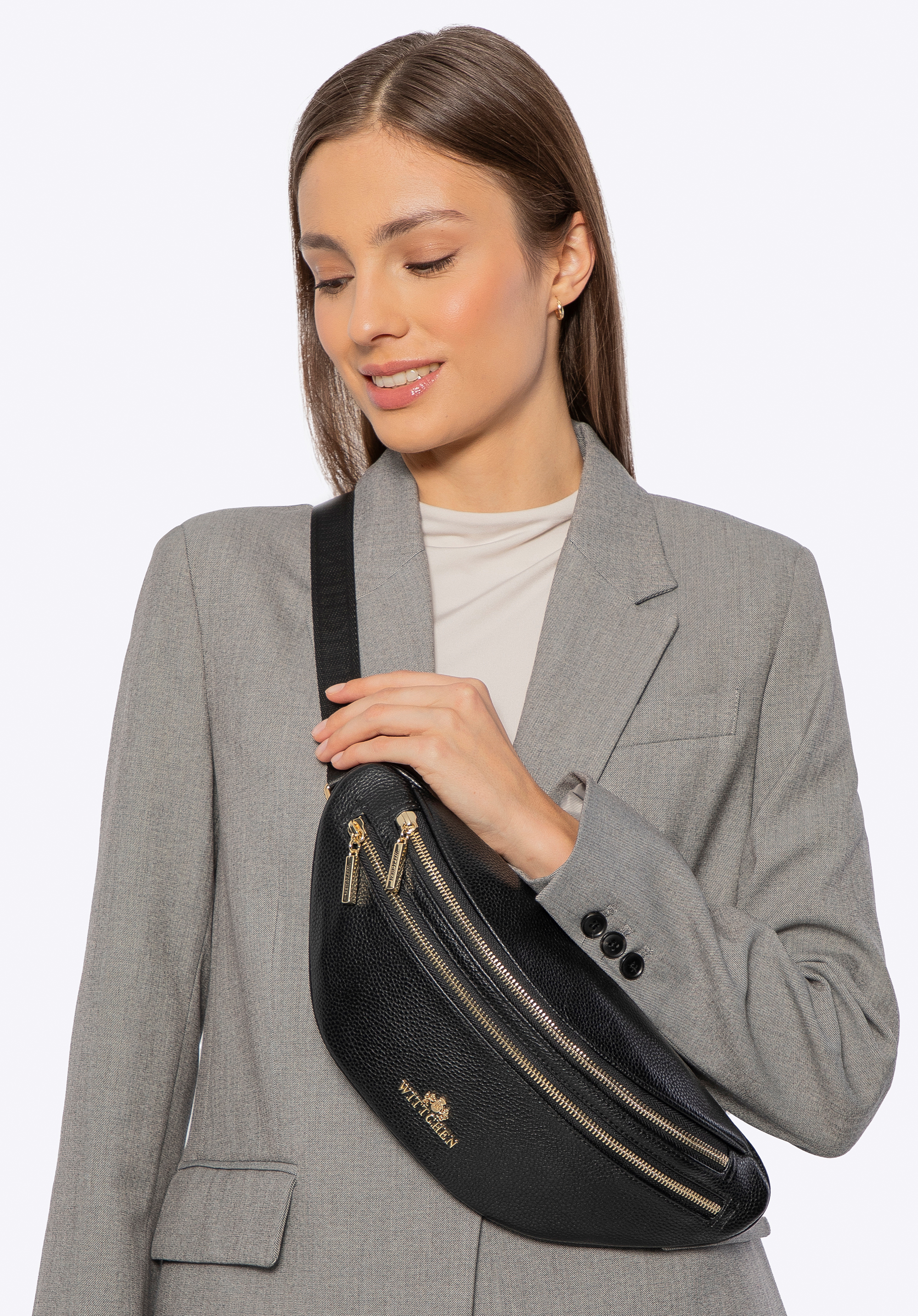 Damen Gürteltasche aus Leder, schwarz-gold, 100-3E-615-1G, Bild 1