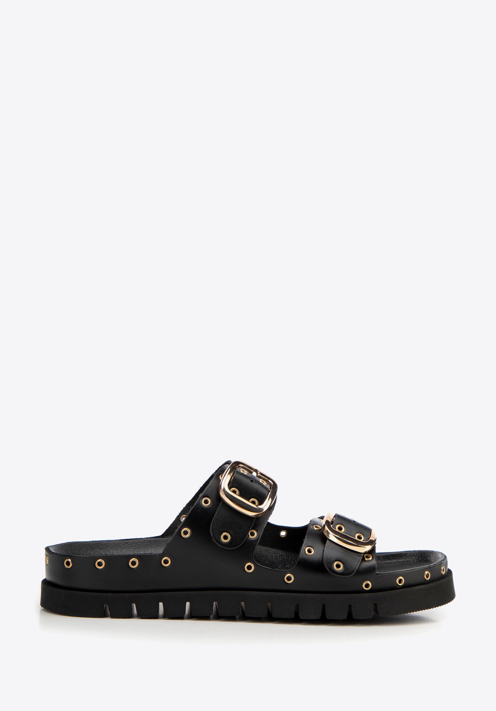 Damen-Sandalen mit Nieten zum Reinschlüpfen, schwarz-gold, 100-D-550-1G-36, Bild 1