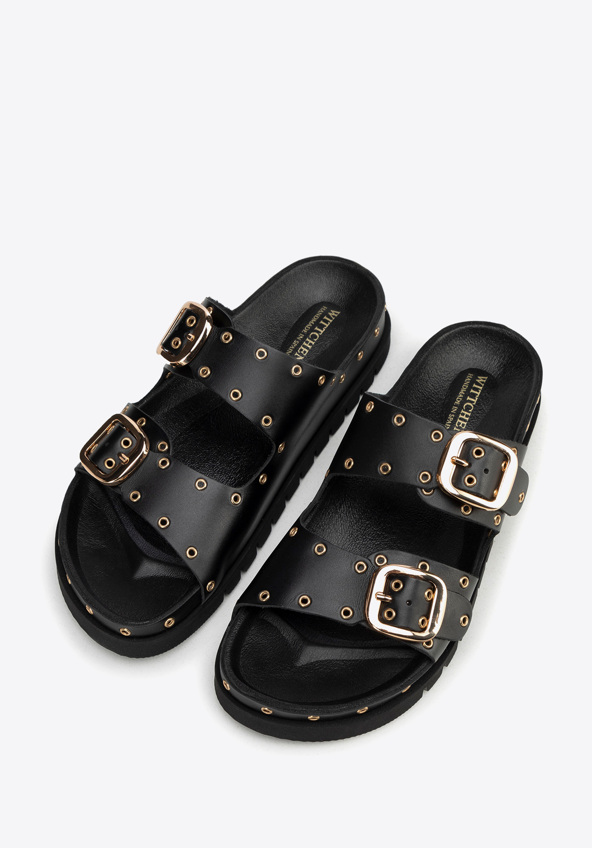 Damen-Sandalen mit Nieten zum Reinschlüpfen, schwarz-gold, 100-D-550-1G-36, Bild 1