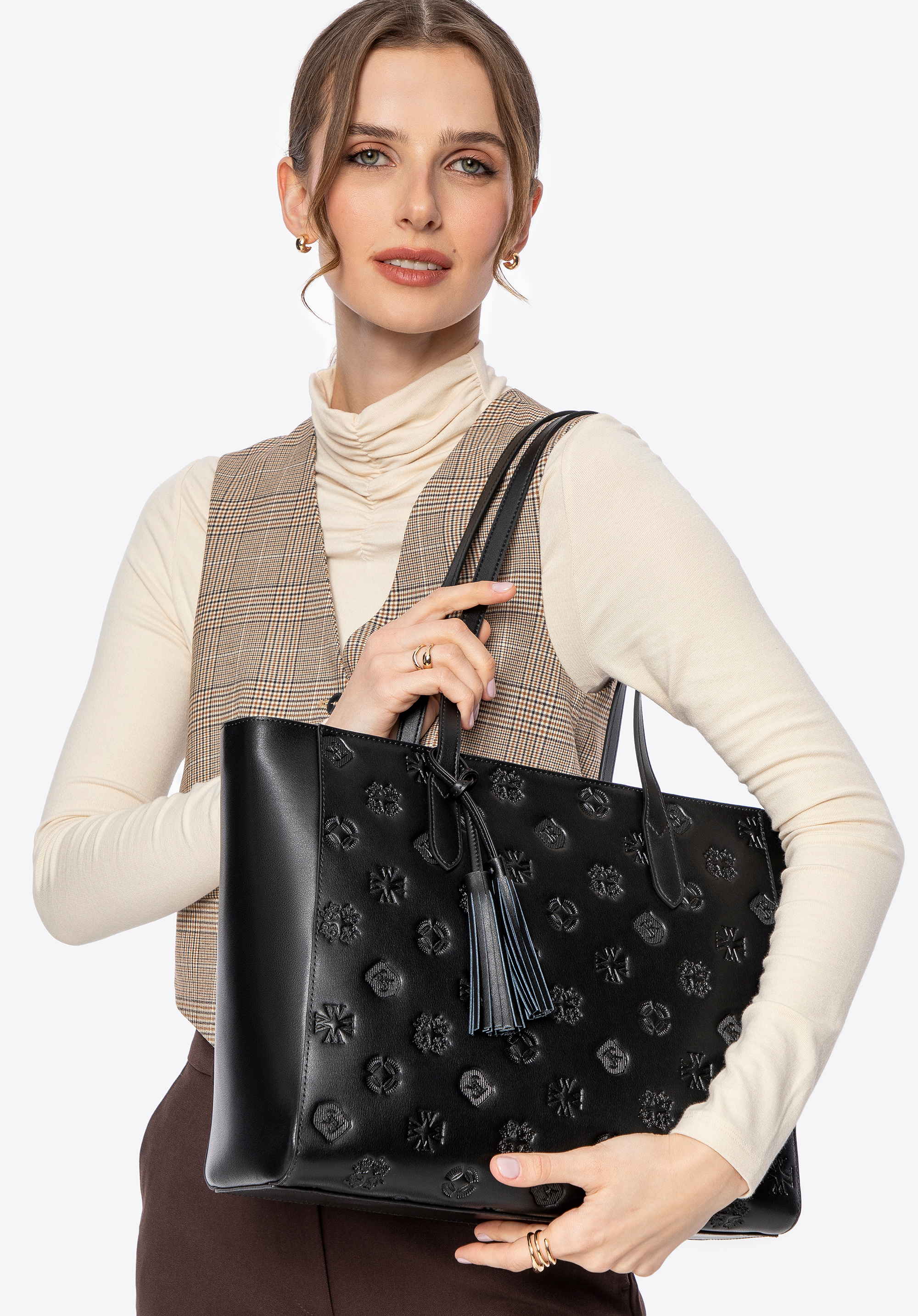 Damen Shopper aus geprägtem Leder, schwarz-gold, 100-4E-611-1G, Bild 1