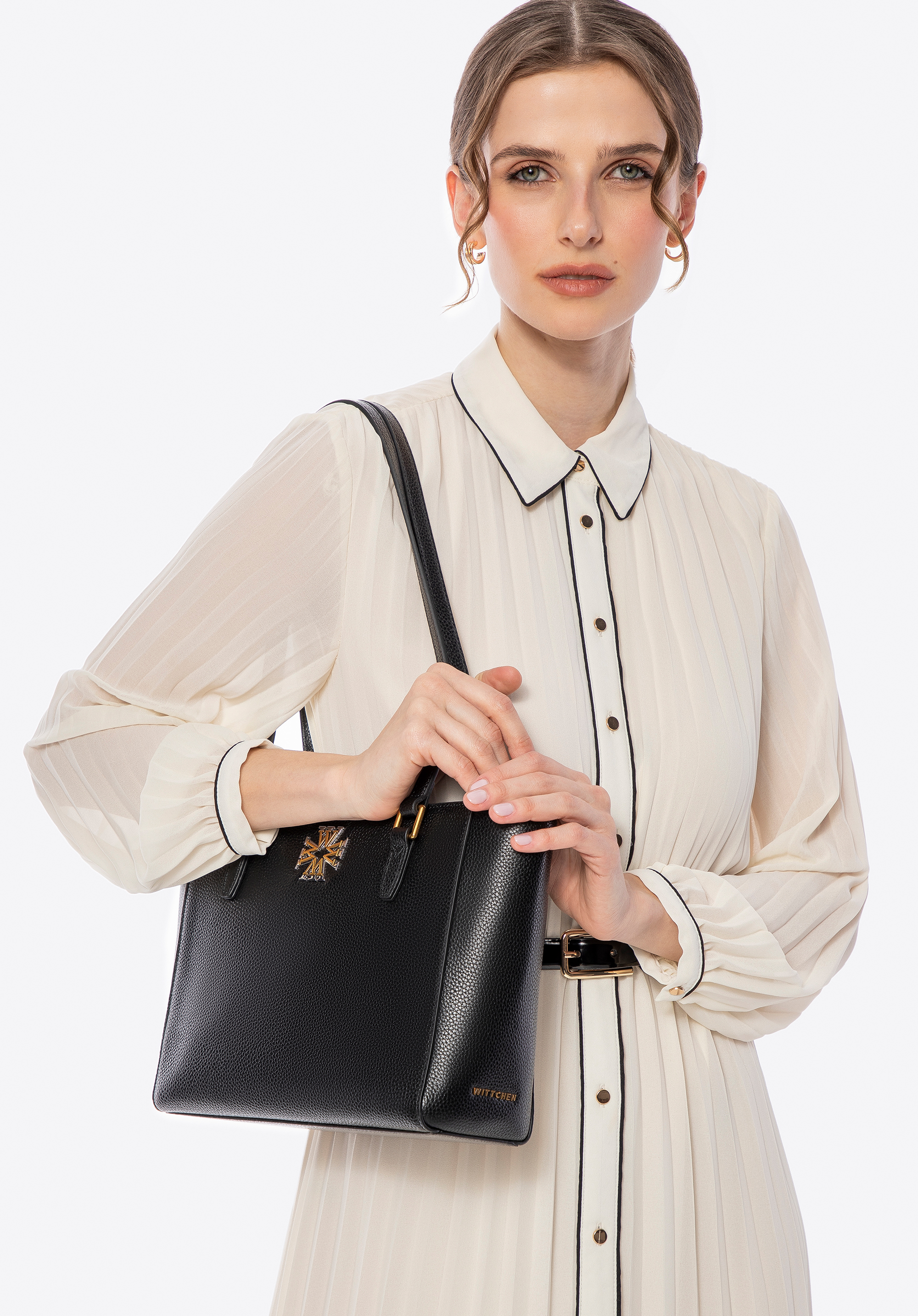 Damen-Shopper aus Leder, schwarz-gold, 100-4E-612-1G, Bild 1