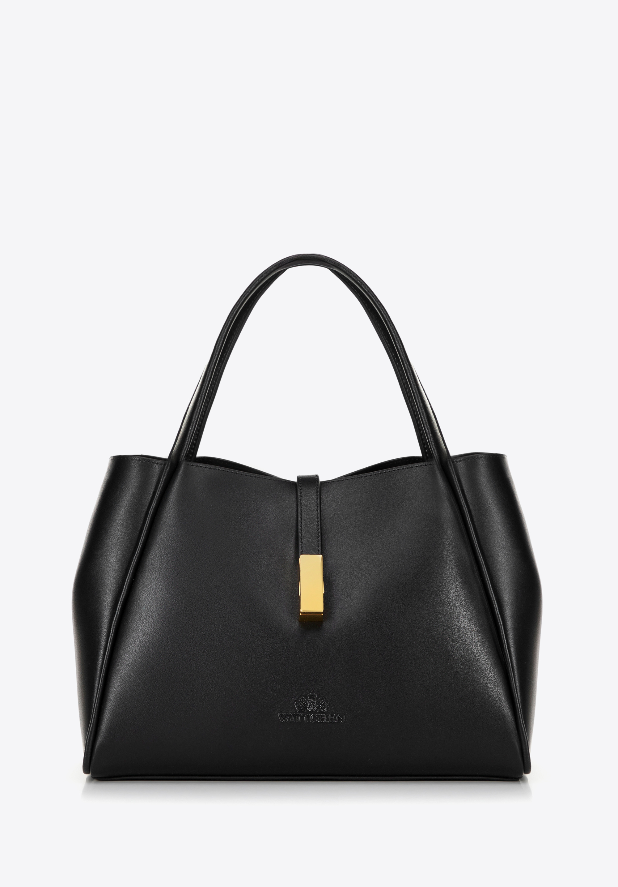 Damenhandtasche aus Leder mit abnehmbarem Etui, schwarz-gold, 100-4E-202-1G, Bild 1