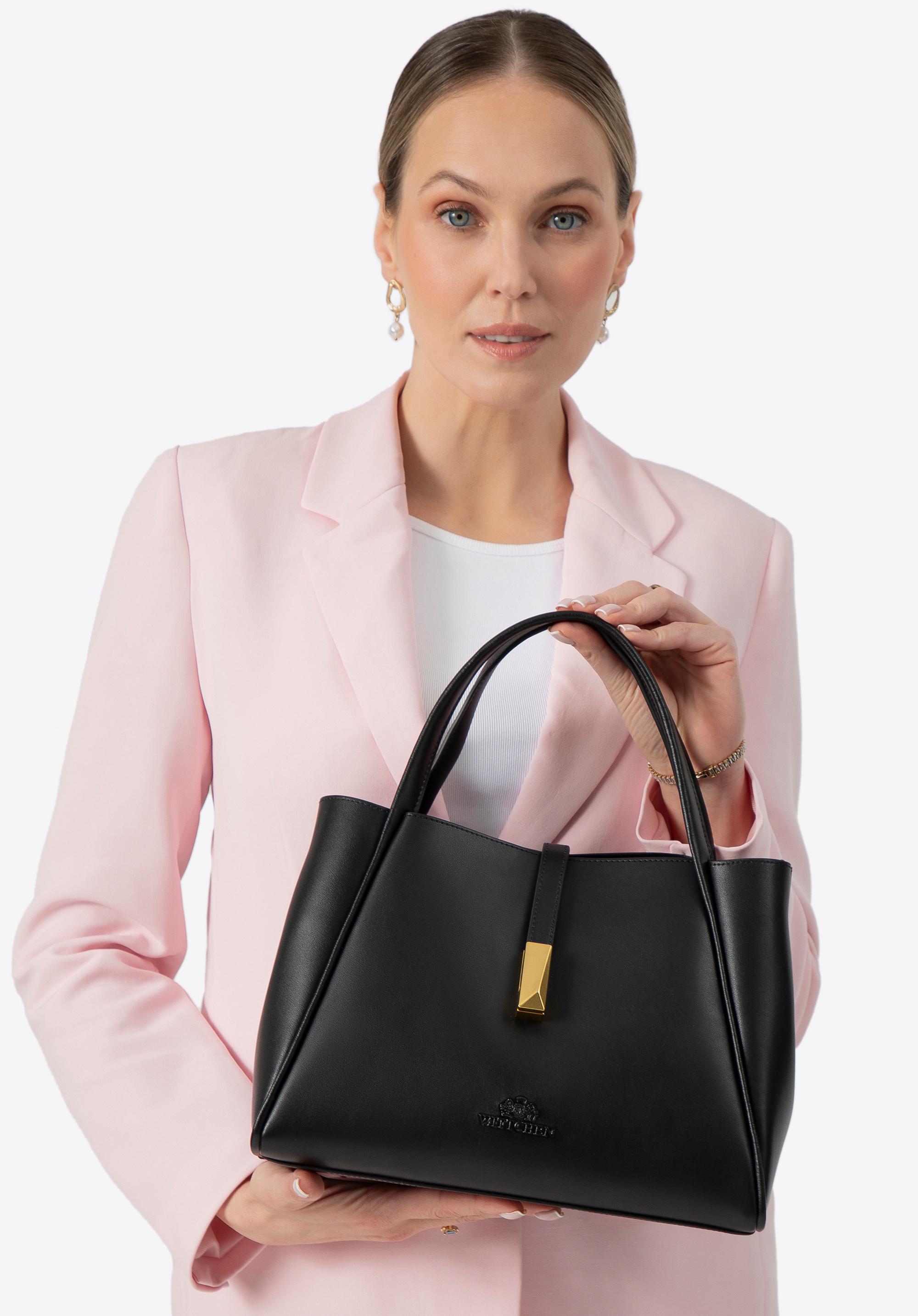 Damenhandtasche aus Leder mit abnehmbarem Etui, schwarz-gold, 100-4E-202-1G, Bild 1