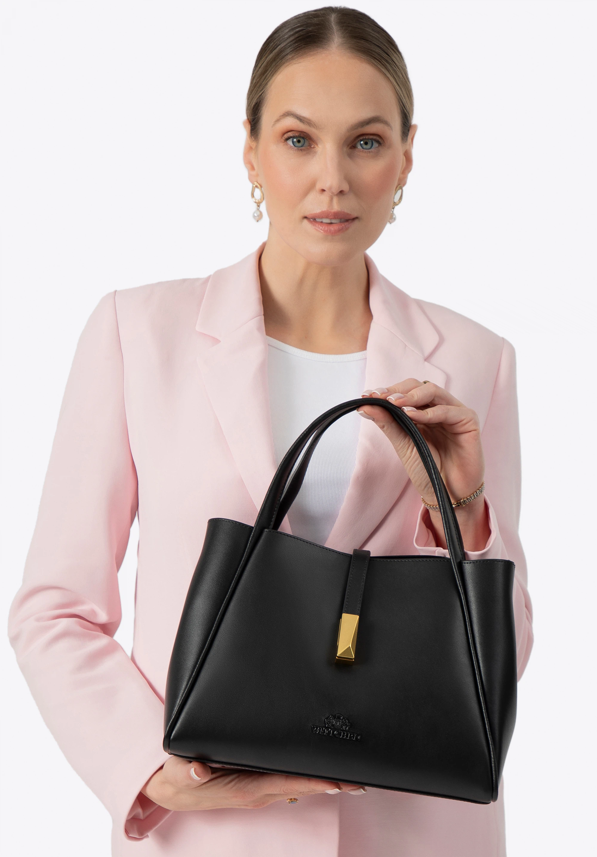 Damenhandtasche aus Leder mit abnehmbarem Etui, schwarz-gold, 100-4E-202-1G, Bild 1
