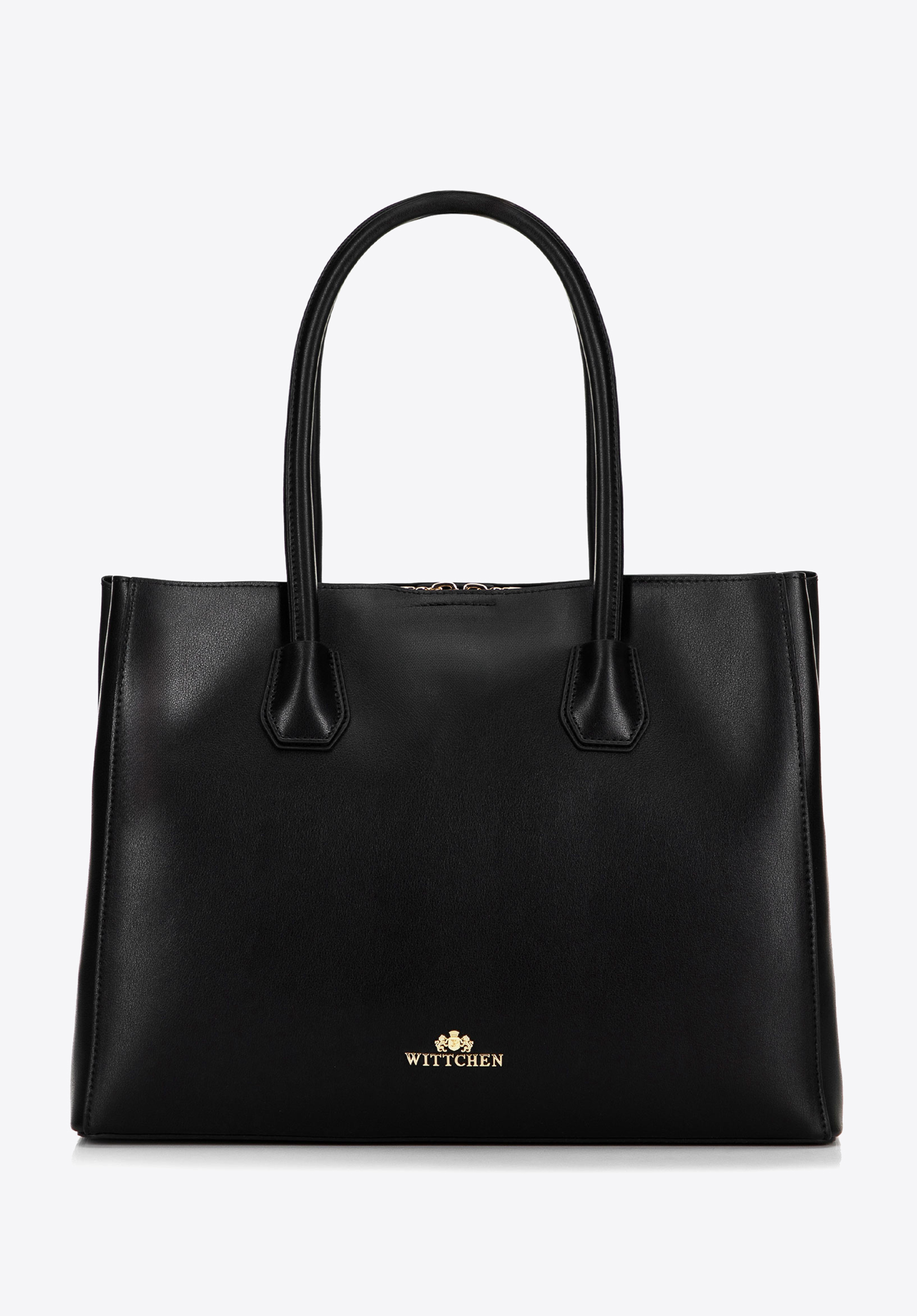 Damenhandtasche aus Naturleder mit drei Fächern, schwarz-gold, 100-4E-616-1G, Bild 1
