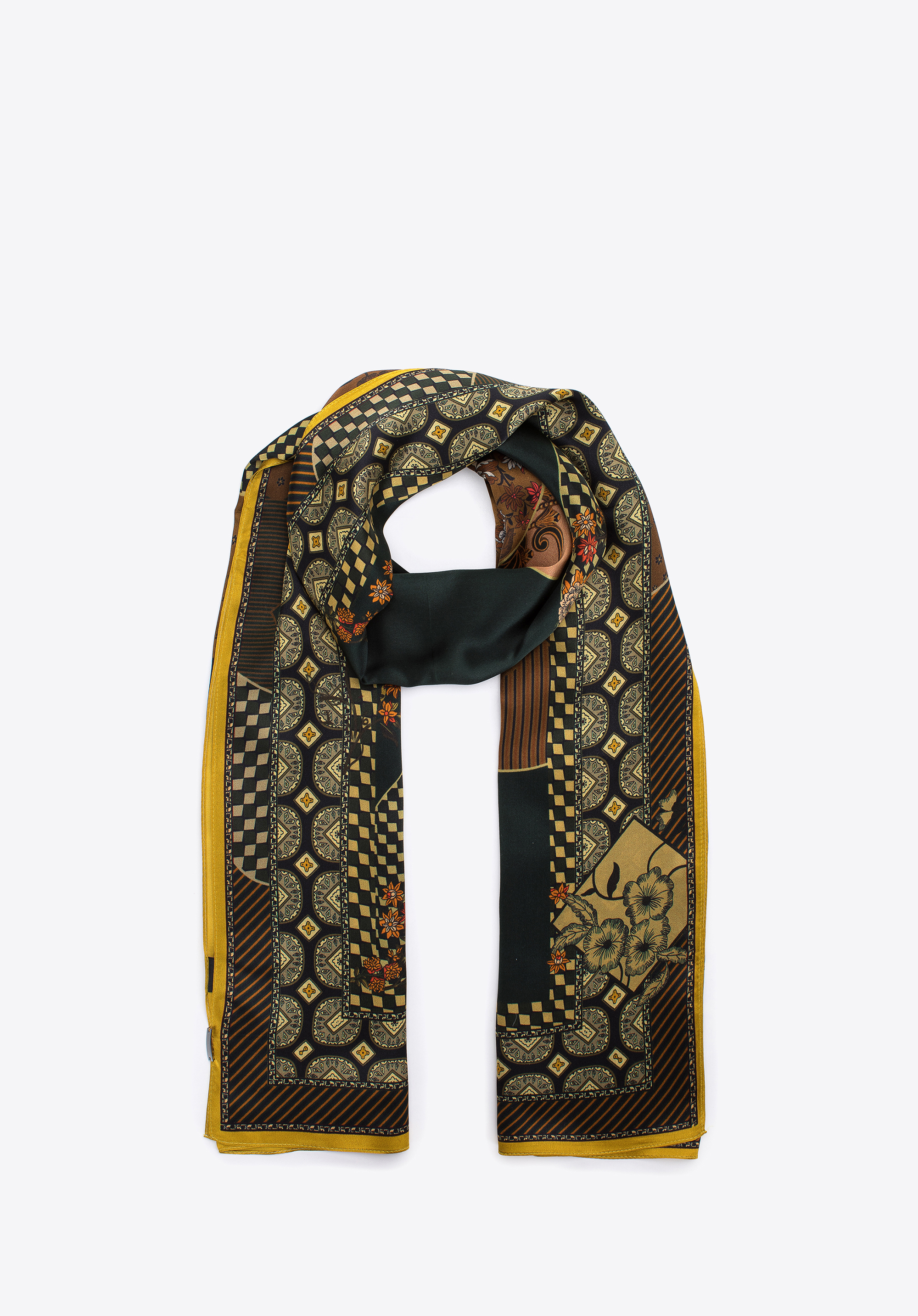 Gemusterter Seidenschal für Damen, schwarz-gold, 97-7D-S05-X4, Bild 1