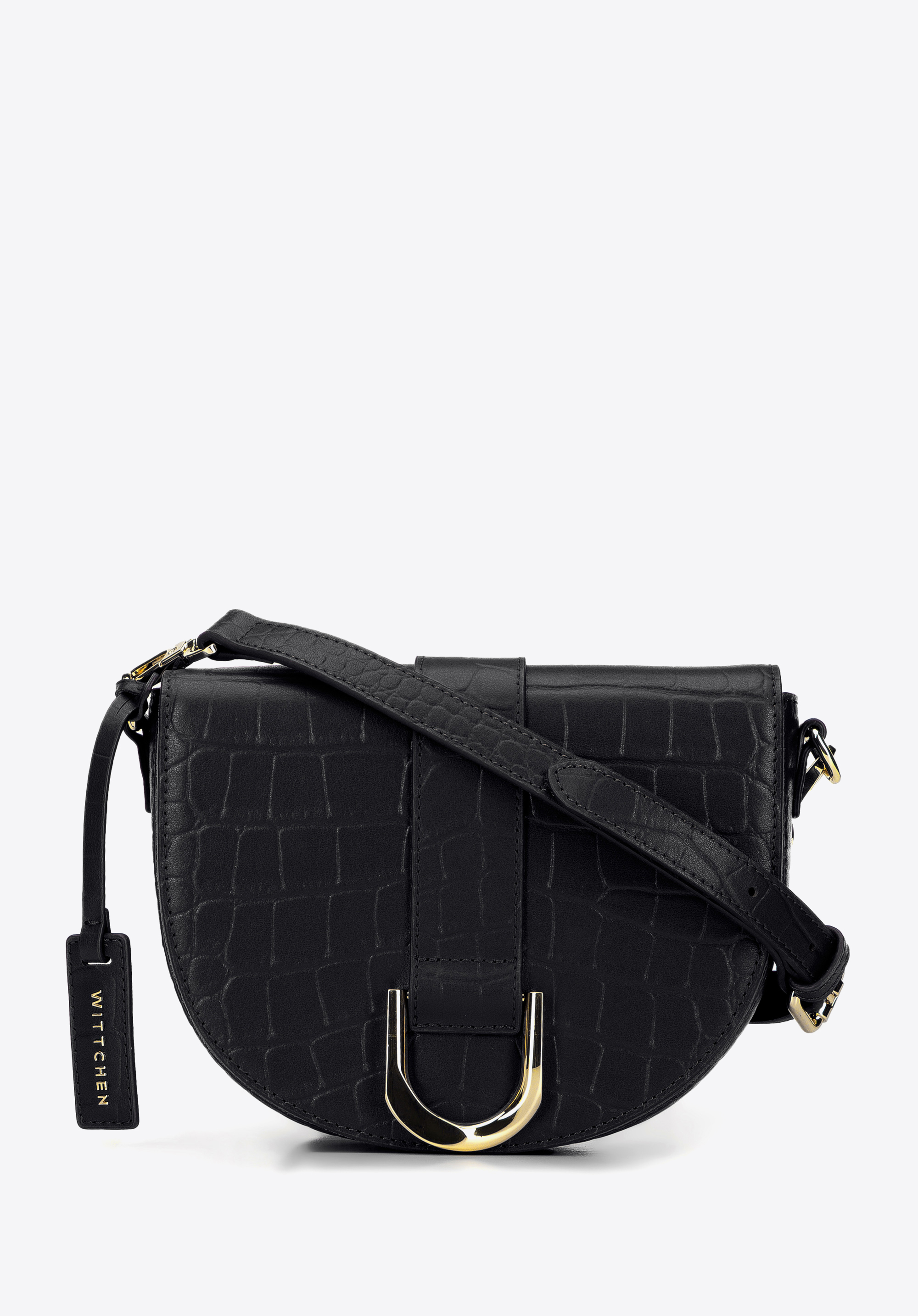 Halbrunde Damen-Umhängetasche aus Leder mit Schnalle, schwarz-gold, 95-4E-652-1, Bild 1