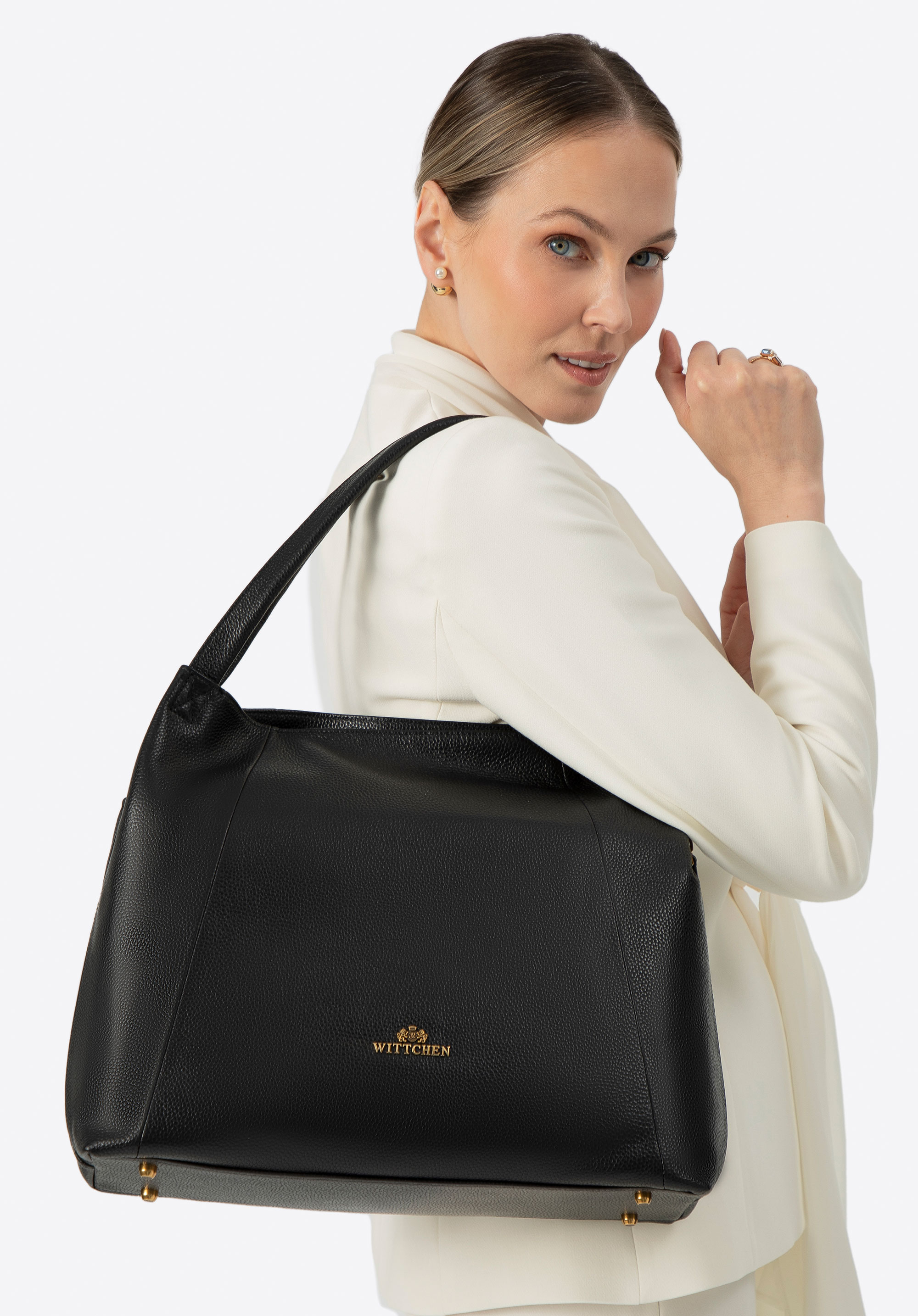 Hobo-Tasche aus Leder für Damen, schwarz-gold, 100-4E-626-1G, Bild 1