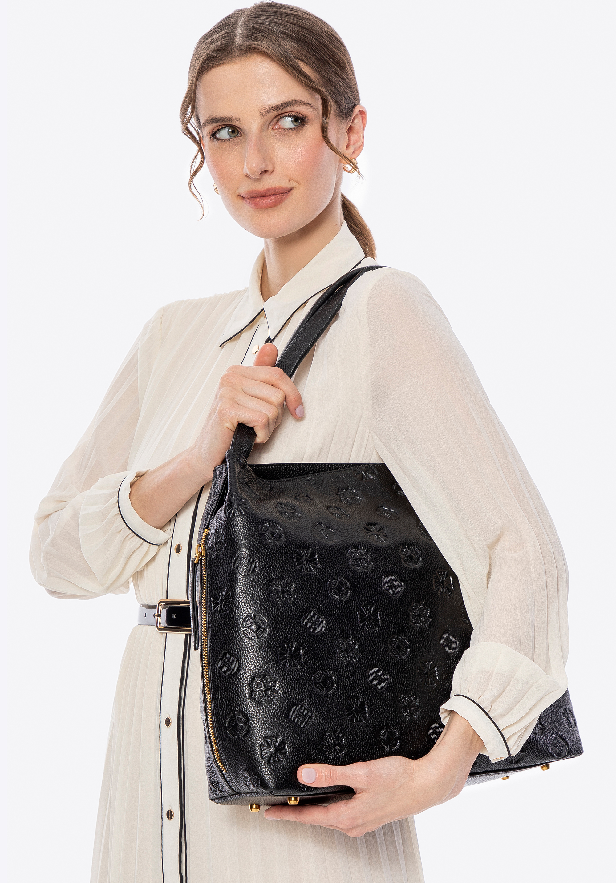 Hobo-Tasche aus Leder mit Monogramm für Damen, schwarz-gold, 100-4E-625-1G, Bild 1