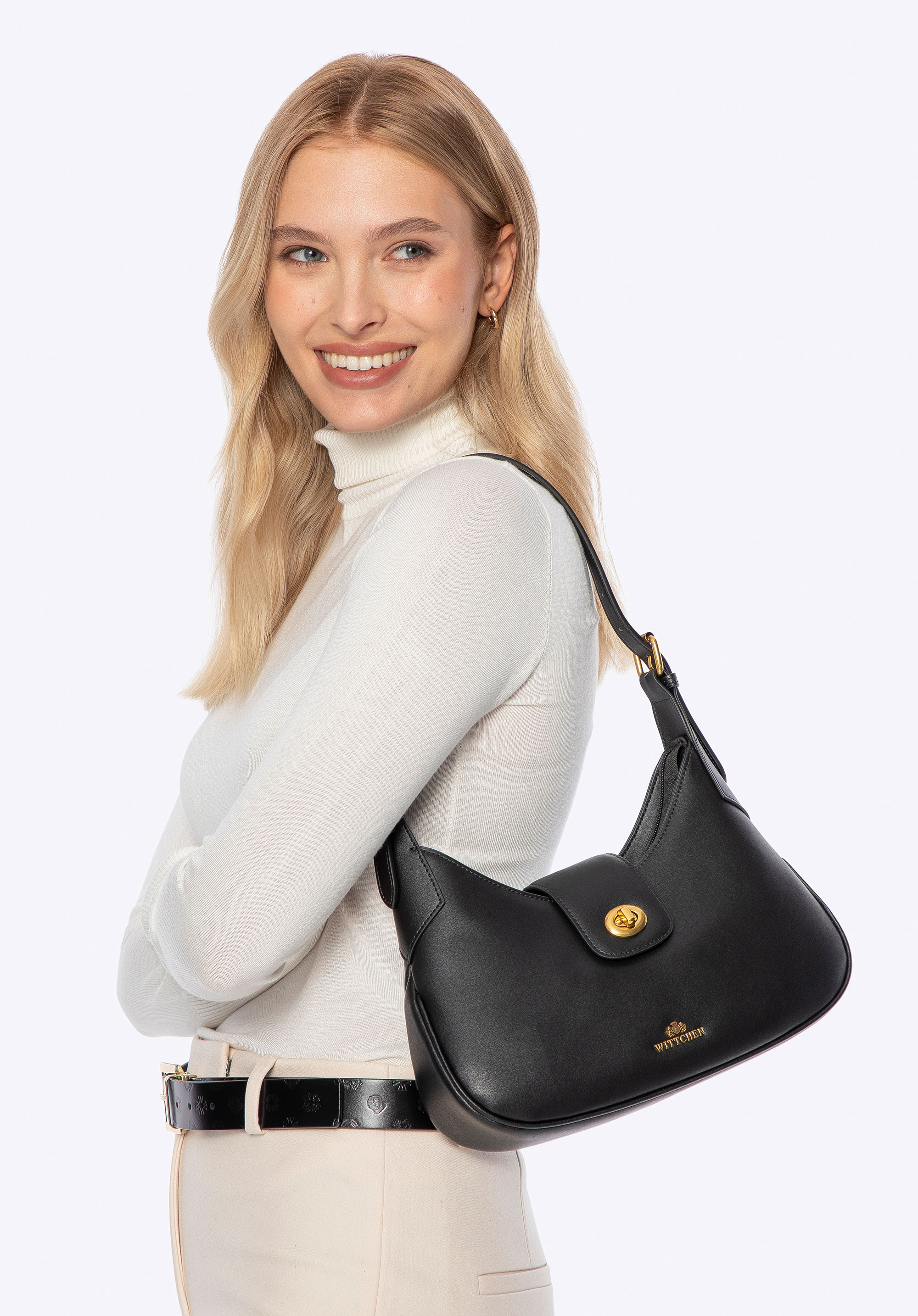 Leder-Umhängetasche mit abnehmbarem Tragegurt, schwarz-gold, 101-4E-209-1G, Bild 1