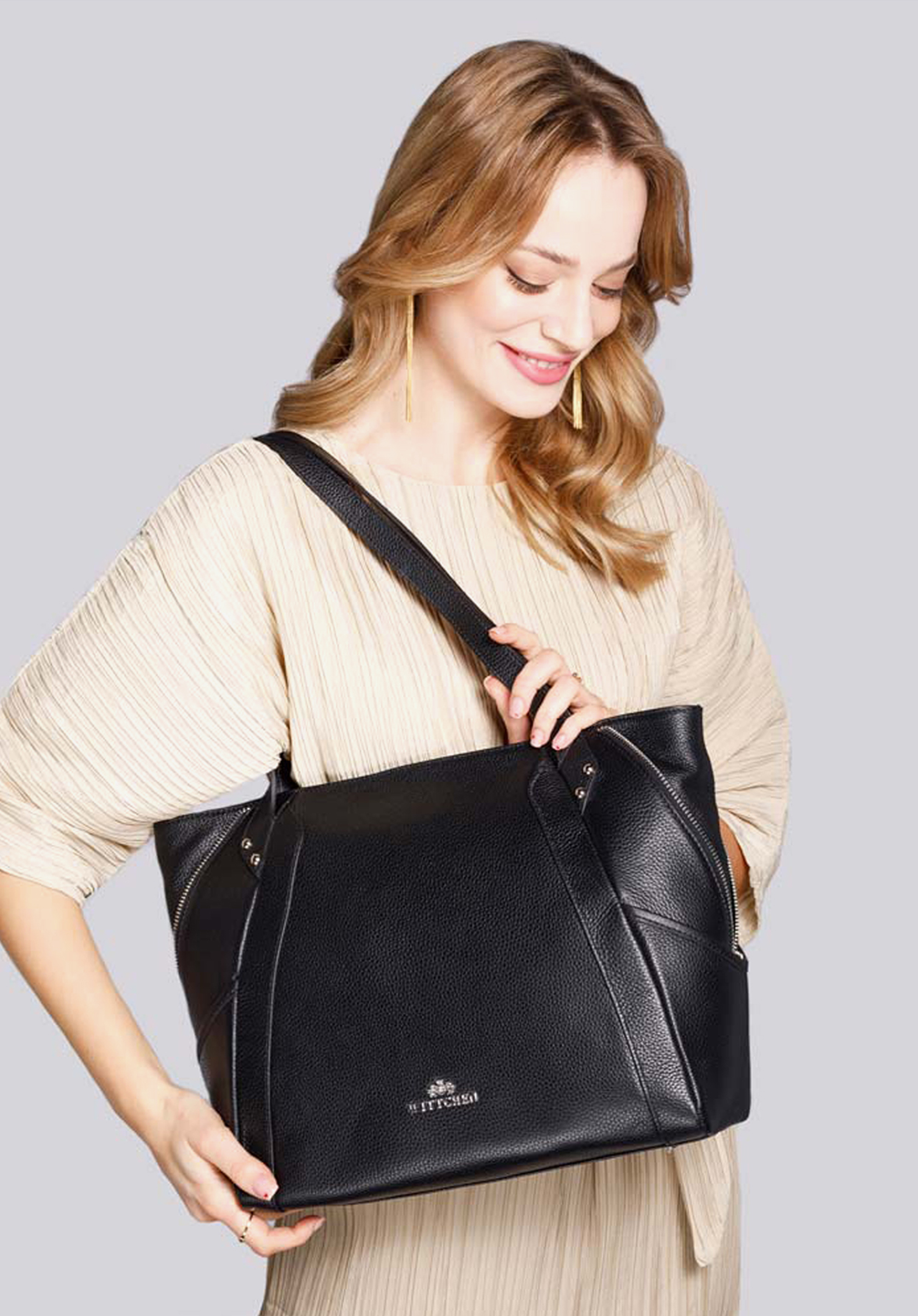 SHOPPER AUS LEDER MIT DEKORATIVEM REISSVERSCHLUSS, schwarz-gold, 92-4E-646-1, Bild 1