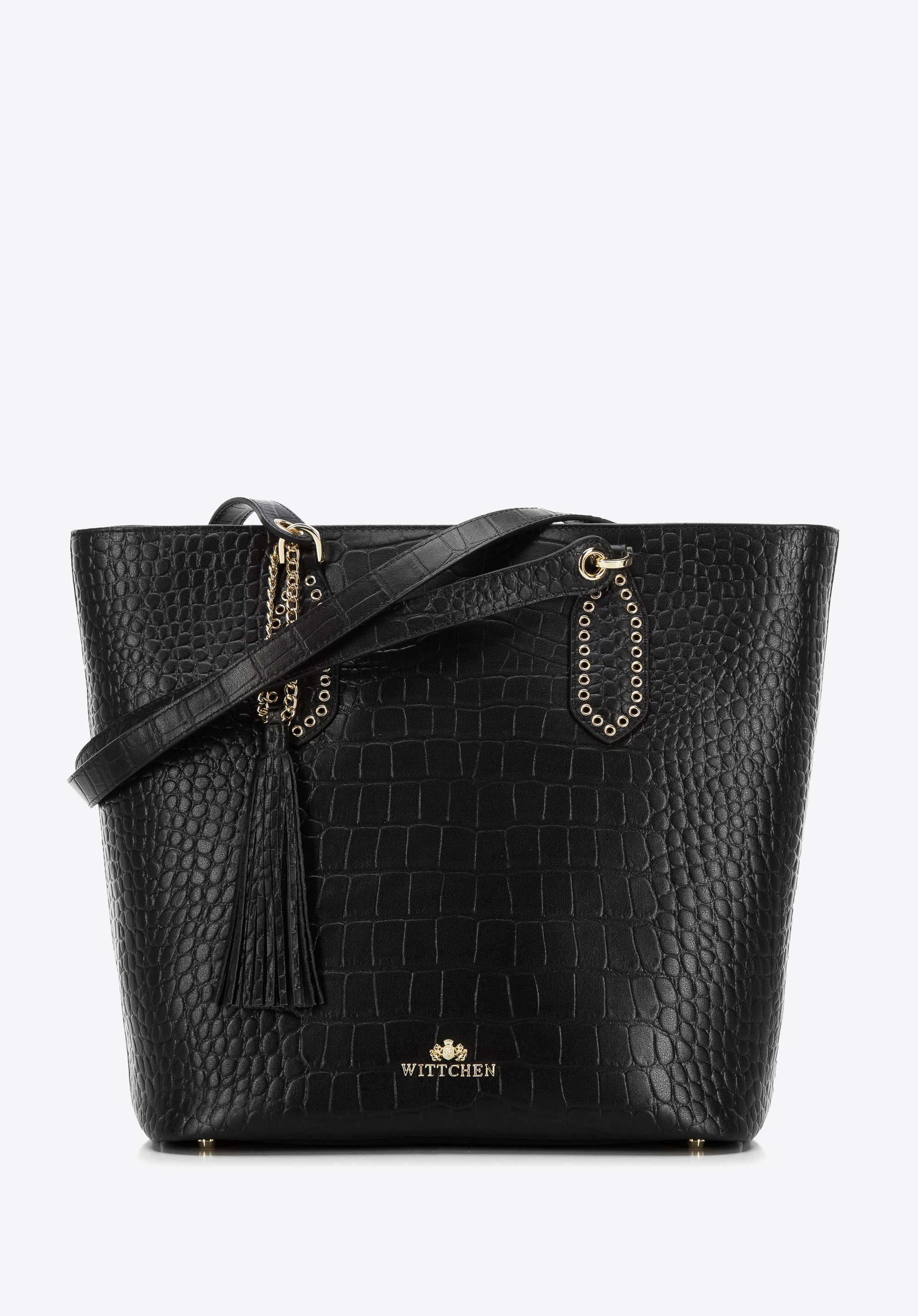 Shopper aus Leder mit Nieten und Quaste