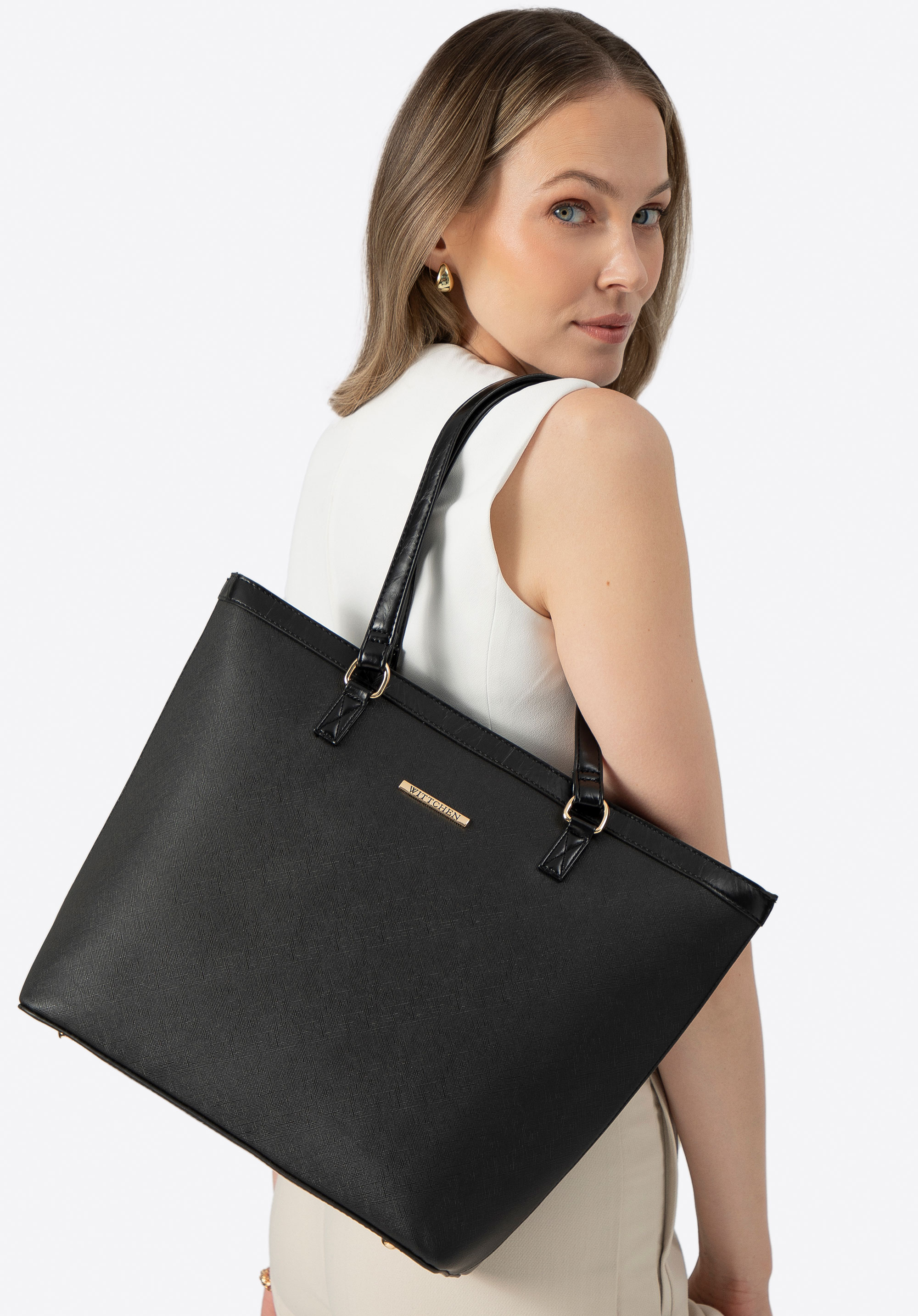 Shopper aus Öko Leder für Damen, schwarz-gold, 100-4Y-006-1G, Bild 1