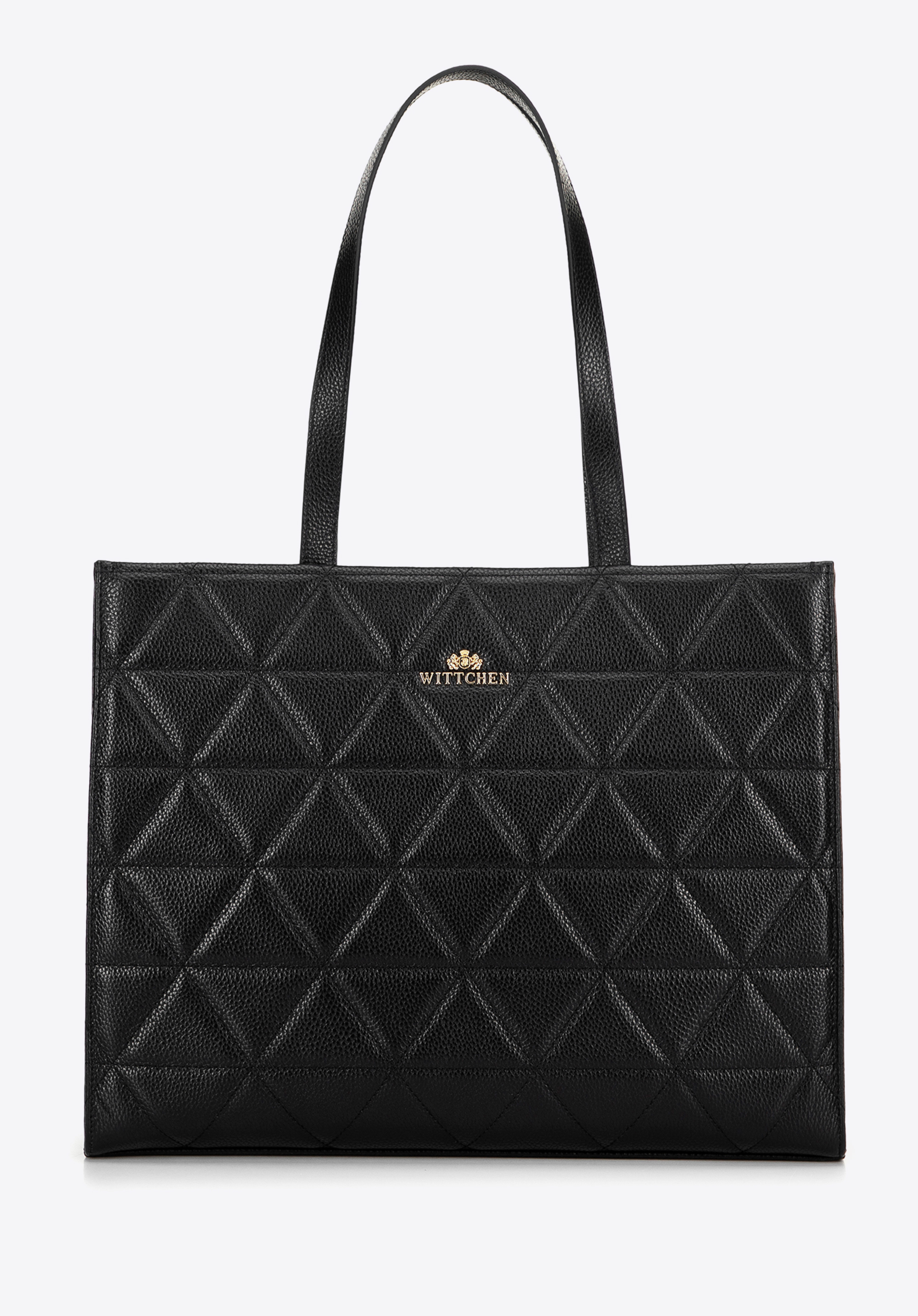 Shopper-Tasche aus gestepptem Leder für Damen, schwarz-gold, 100-4E-613-1G, Bild 1