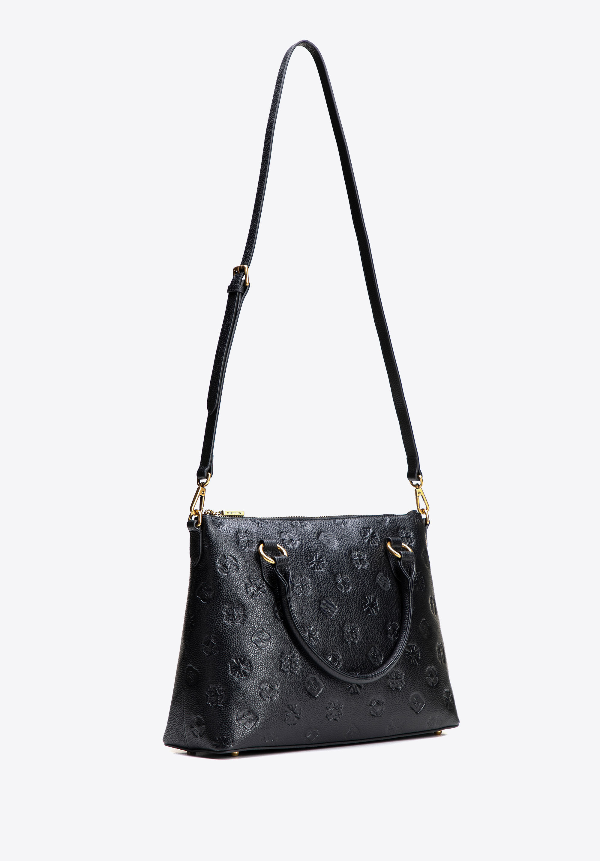 Shopper-Tasche aus Leder mit geprägter Signatur, schwarz-gold, 100-4E-624-1G, Bild 1