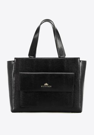 Shopper-Tasche aus Leder mit Vordertasche, schwarz-gold, 95-4E-619-11, Bild 1