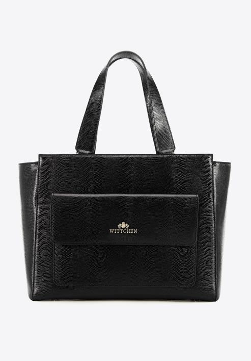 Shopper-Tasche aus Leder mit Vordertasche, schwarz-gold, 95-4E-619-7, Bild 1