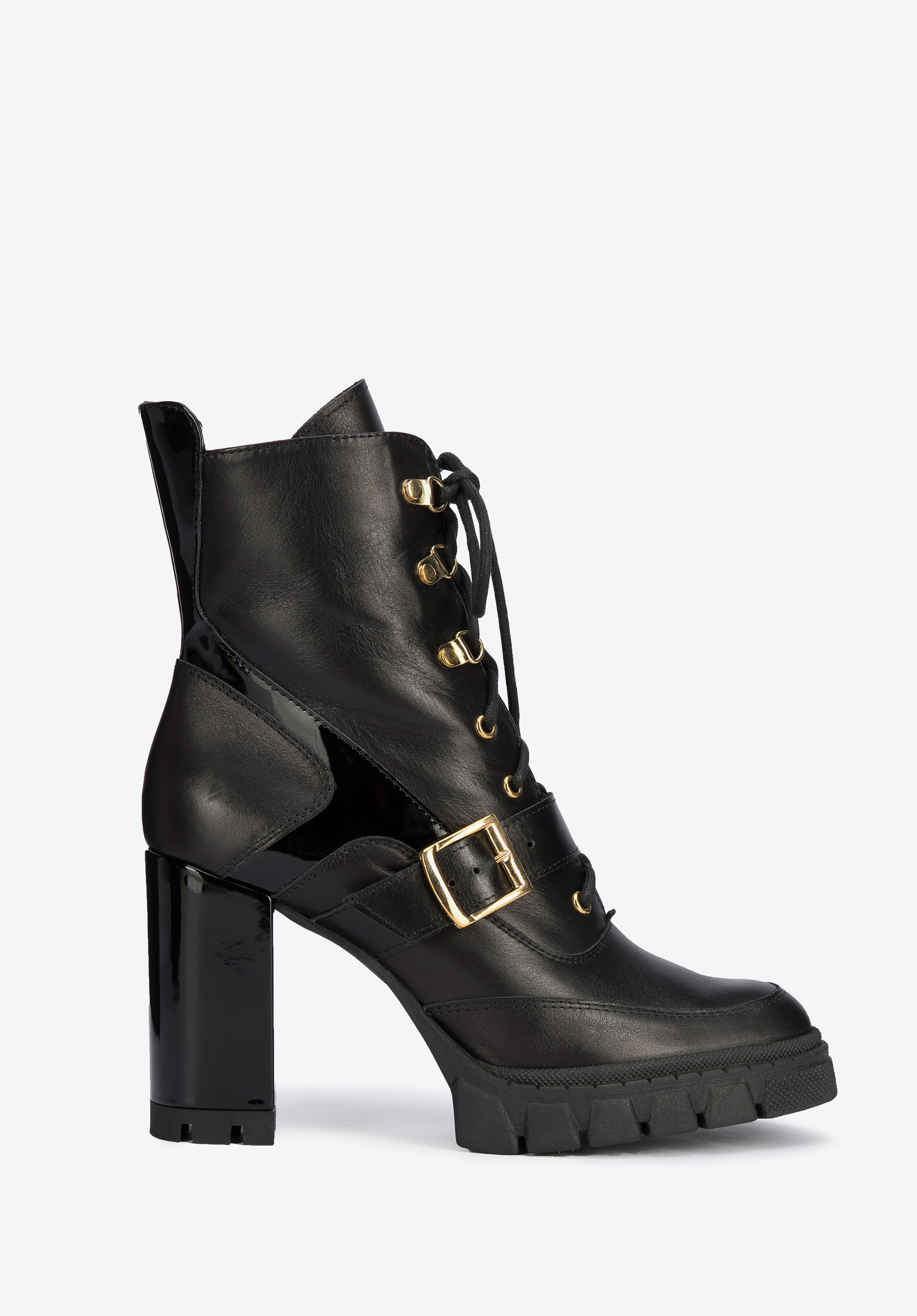 Stiefelette aus Leder mit Schnalle und Absatz, schwarz-gold, 95-D-801-1-36, Bild 1