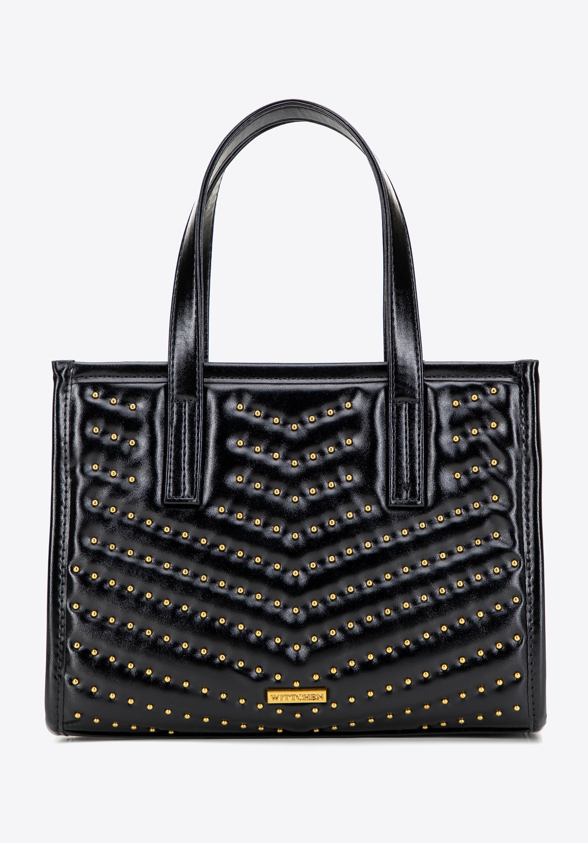 Tote Bag aus Kunstleder mit Nieten, schwarz-gold, 101-4Y-426-1G, Bild 1