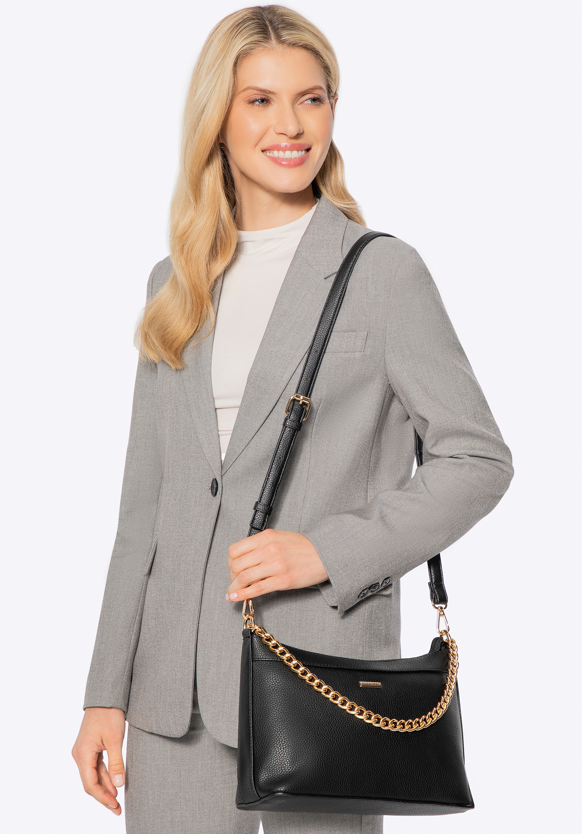Umhängetasche aus Kunstleder für Damen, schwarz-gold, 100-4Y-008-1G, Bild 1