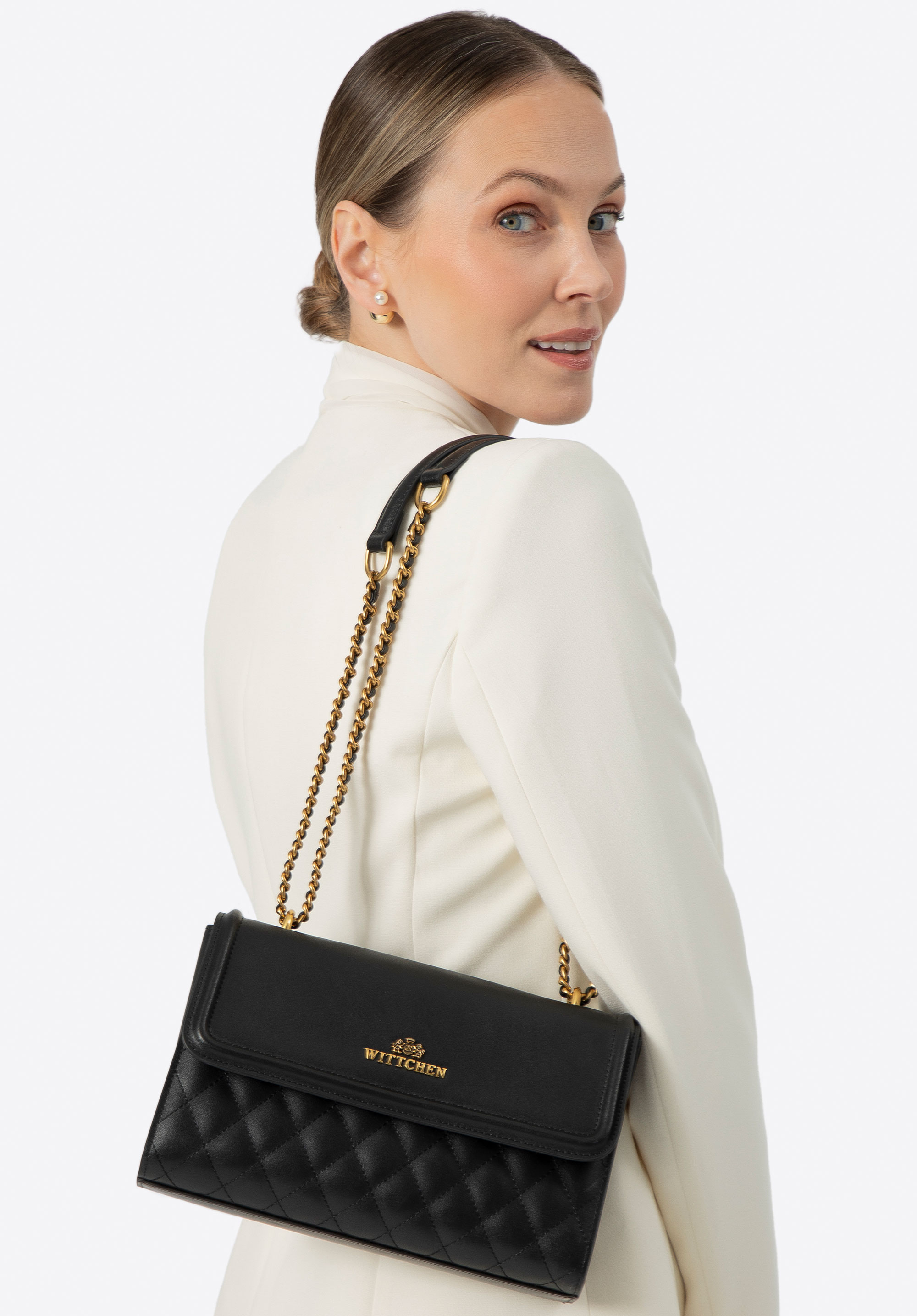 Umhängetasche aus Leder für Damen, schwarz-gold, 100-4E-205-1G, Bild 1