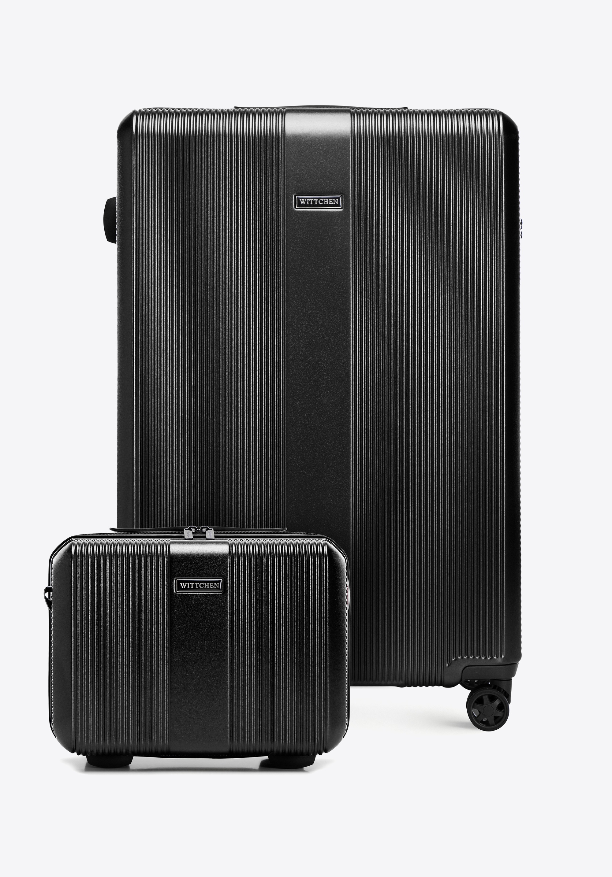 Großer Polycarbonat-Koffer und Kosmetikkoffer mit vertikaler Prägung, schwarz, 56-3P-903-11K, Bild 1