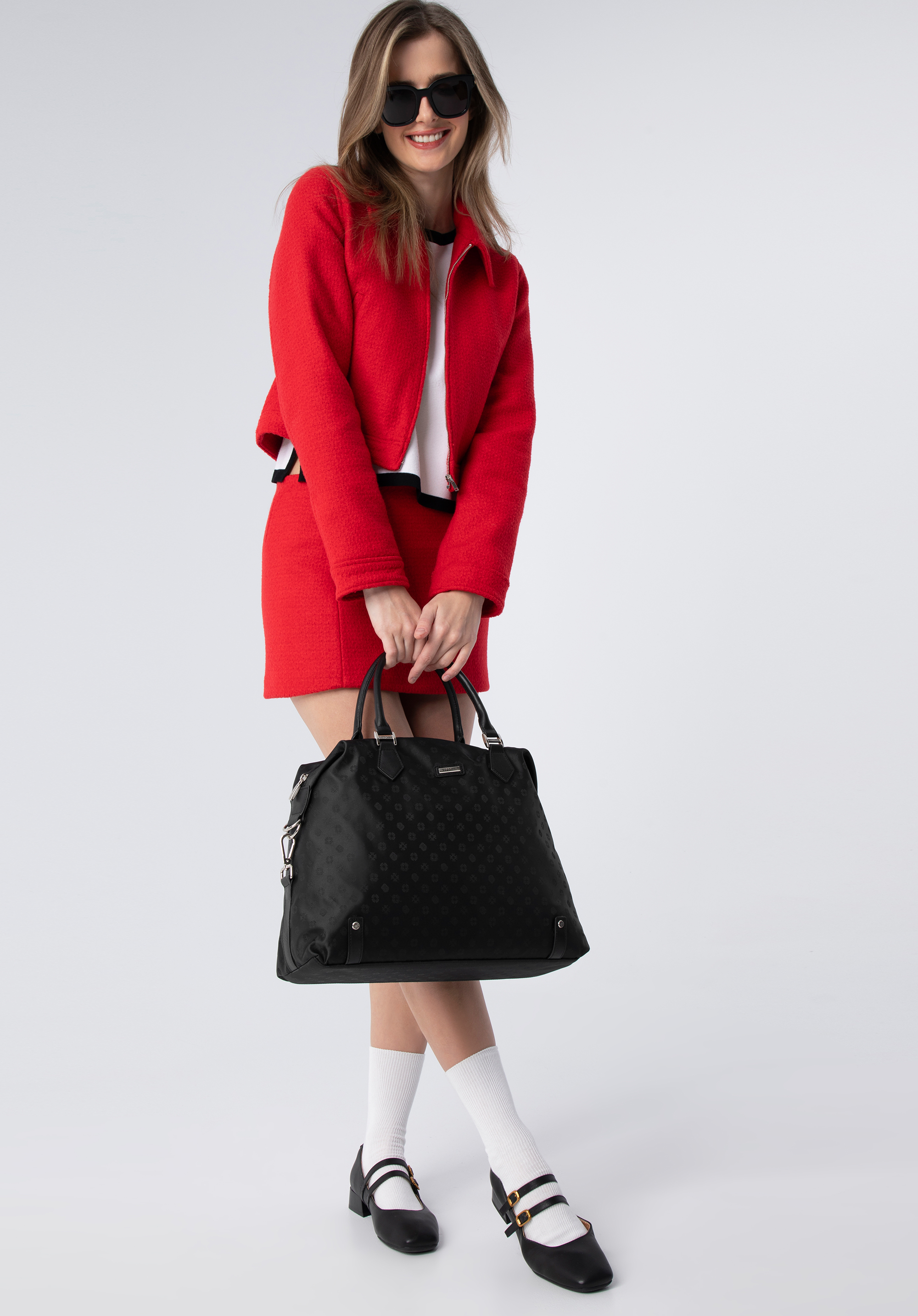 Handtasche aus Jacquard und Echtleder mit seitlichen Verschlüssen, schwarz, 95-4-907-1, Bild 1