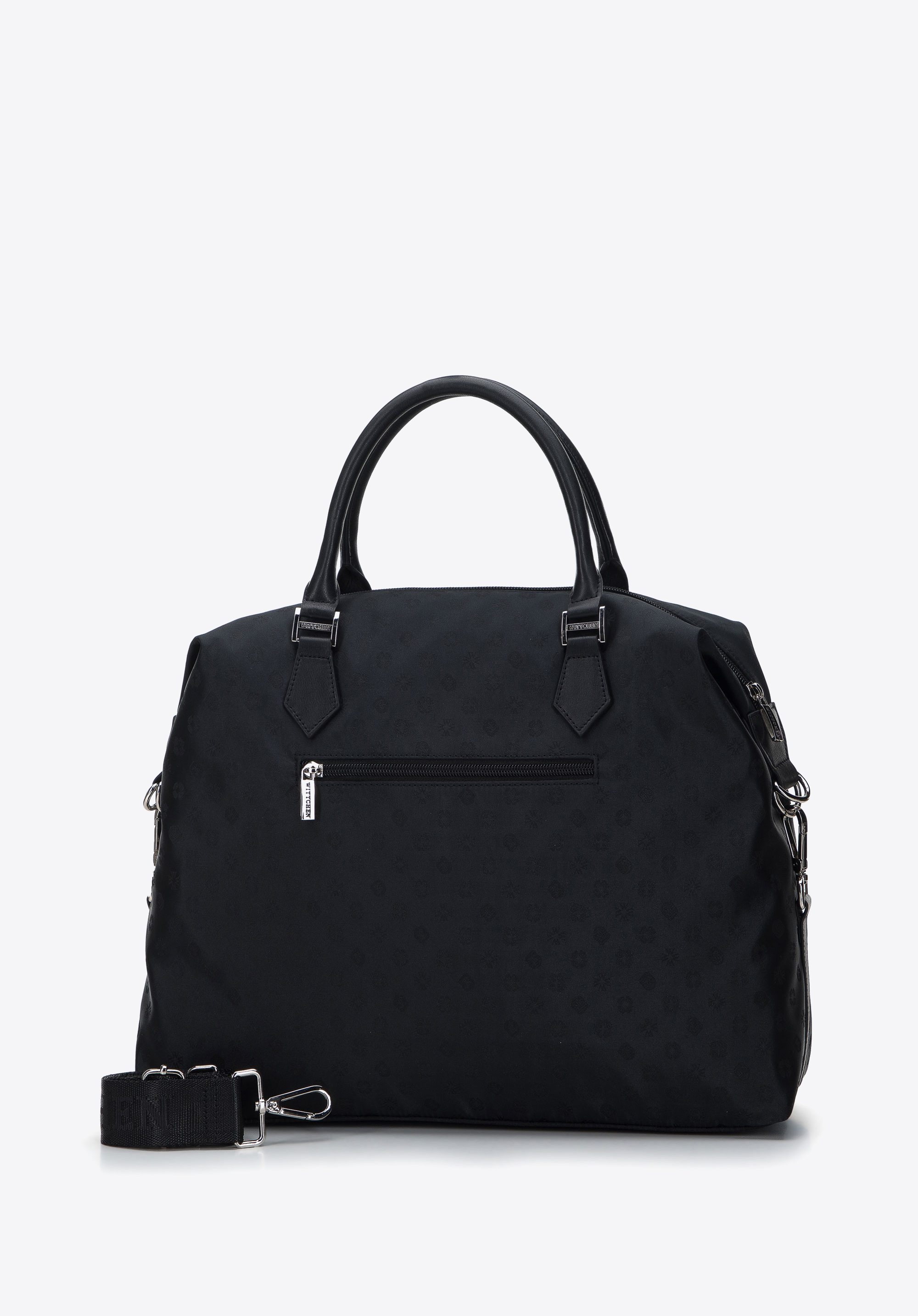 Handtasche aus Jacquard und Echtleder mit seitlichen Verschlüssen, schwarz, 95-4-907-1, Bild 1