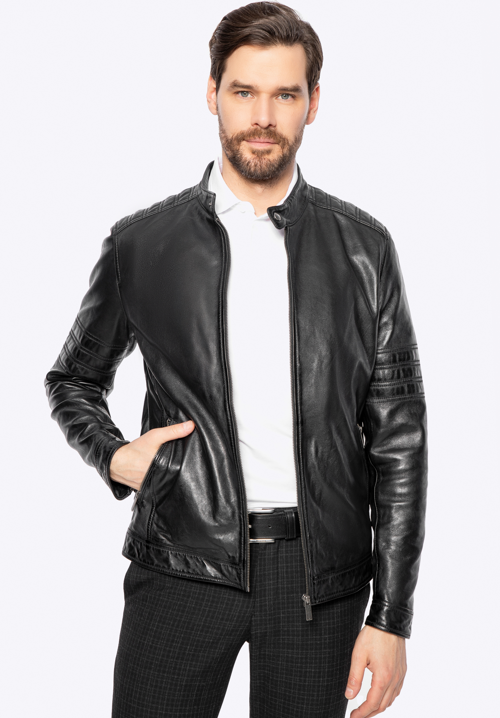 Herren Bikerjacke aus Leder mit Nähten, schwarz, 100-09-808-1-L, Bild 1