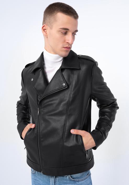 Herren- Bikerjacke aus Öko-Leder mit Schulterklappen, schwarz, 97-9P-154-3-M, Bild 1