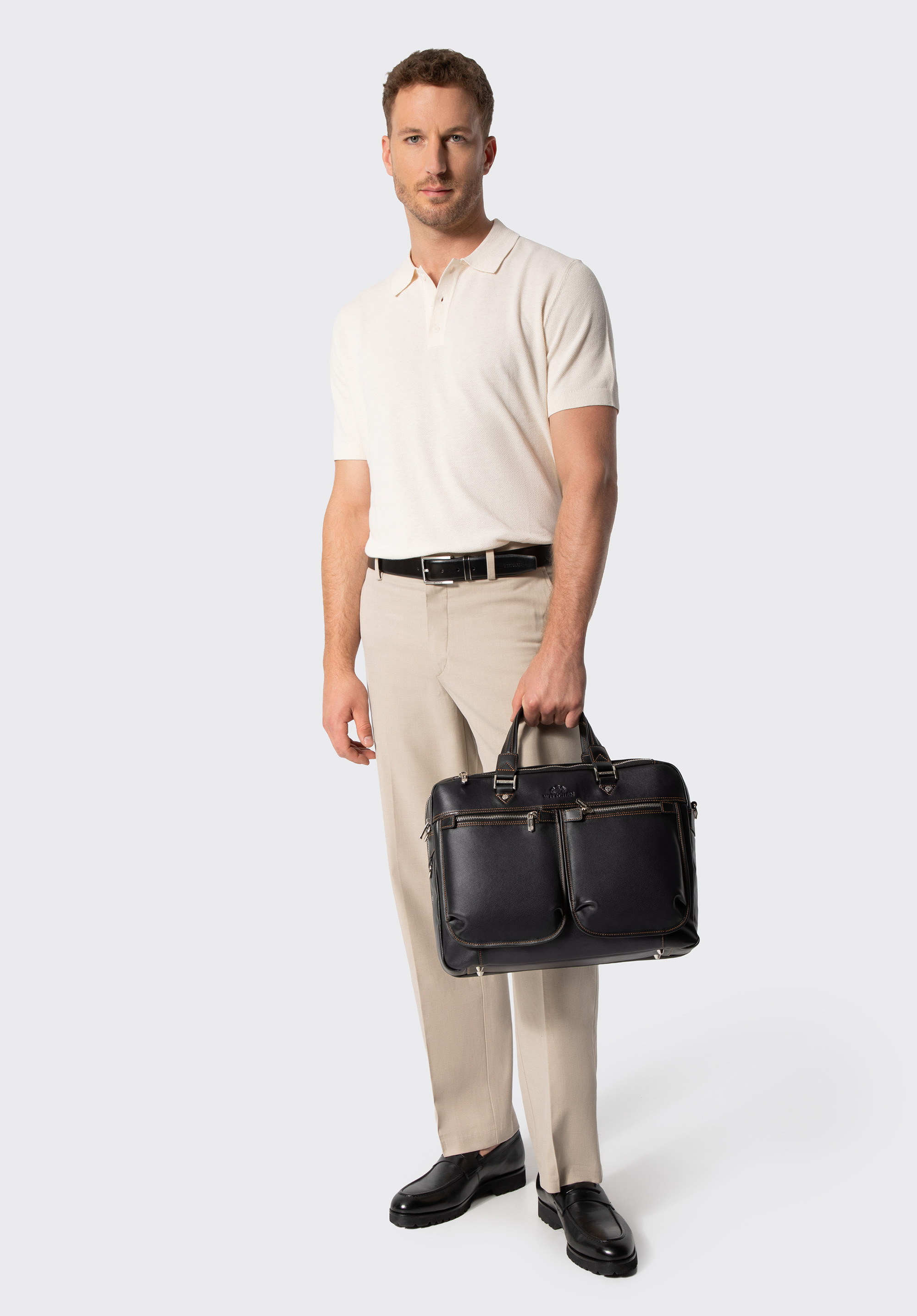 Herren-Laptoptasche aus Leder, 14 Zoll, mit Riemen, schwarz, 103-3U-001-1, Bild 1