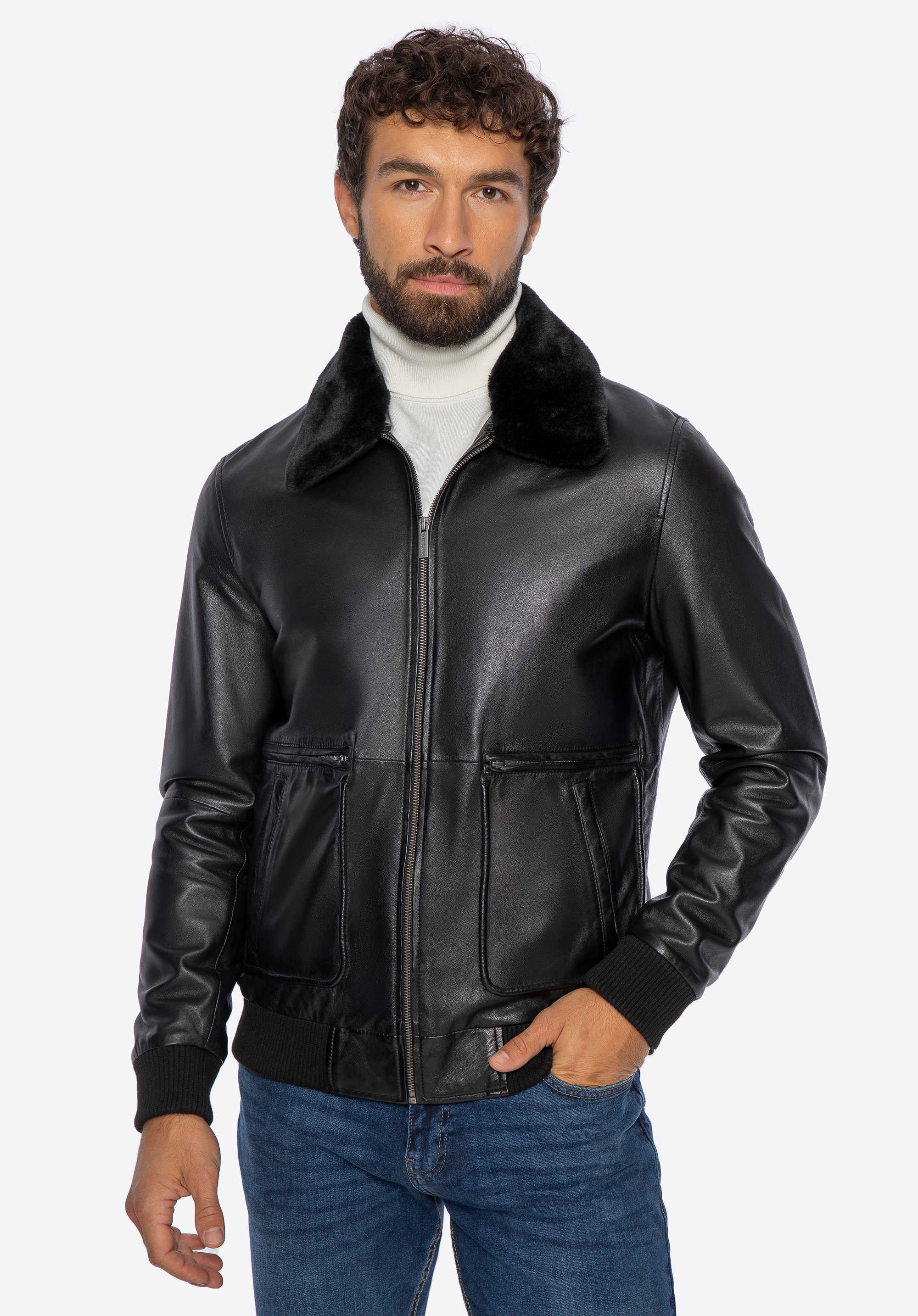 Herren Lederjacke mit Kunstfellkragen, schwarz, 101-09-851-1-M, Bild 1