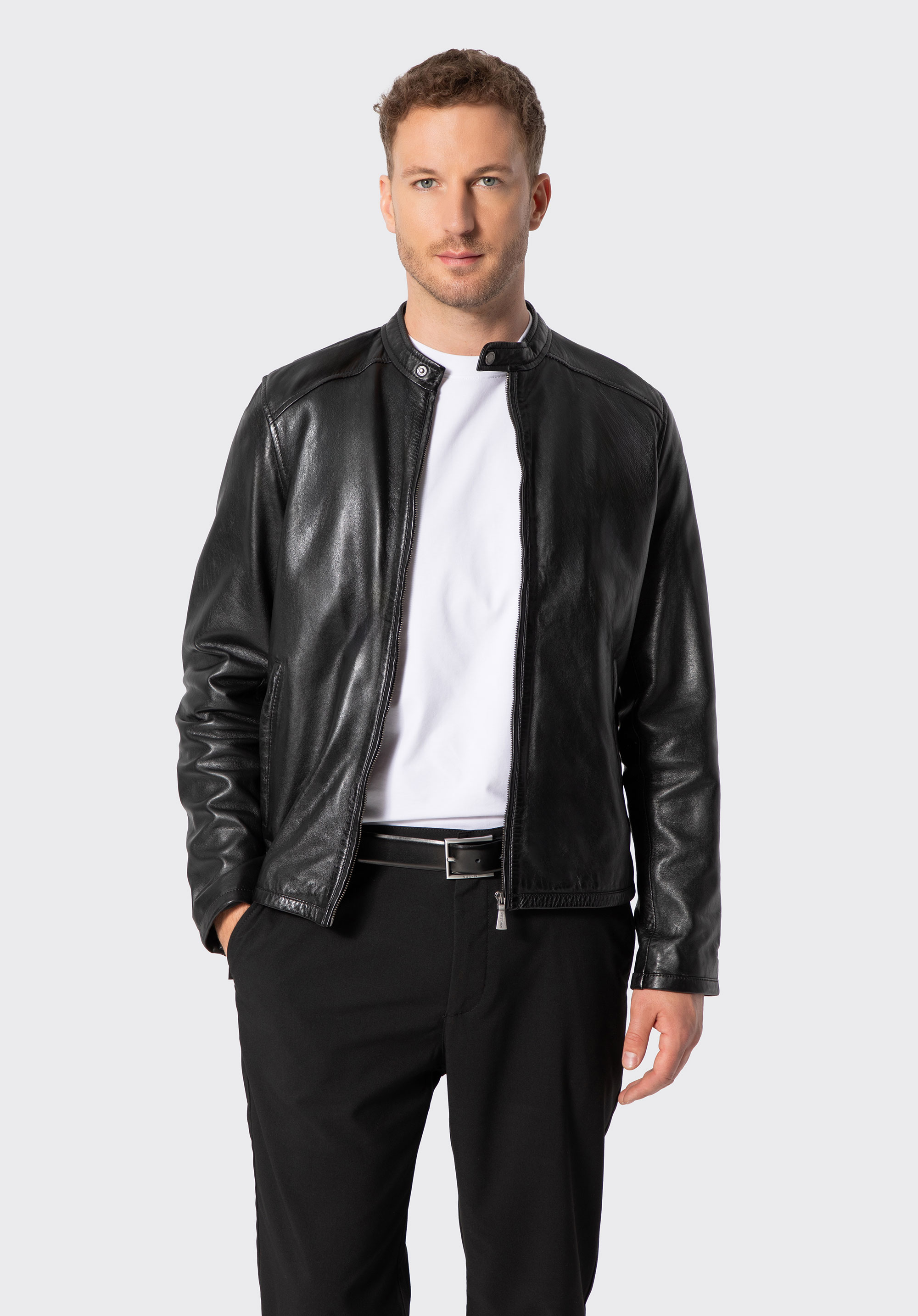 Herren-Lederjacke mit Stehkragen, schwarz, 103-09-452-1-M, Bild 1