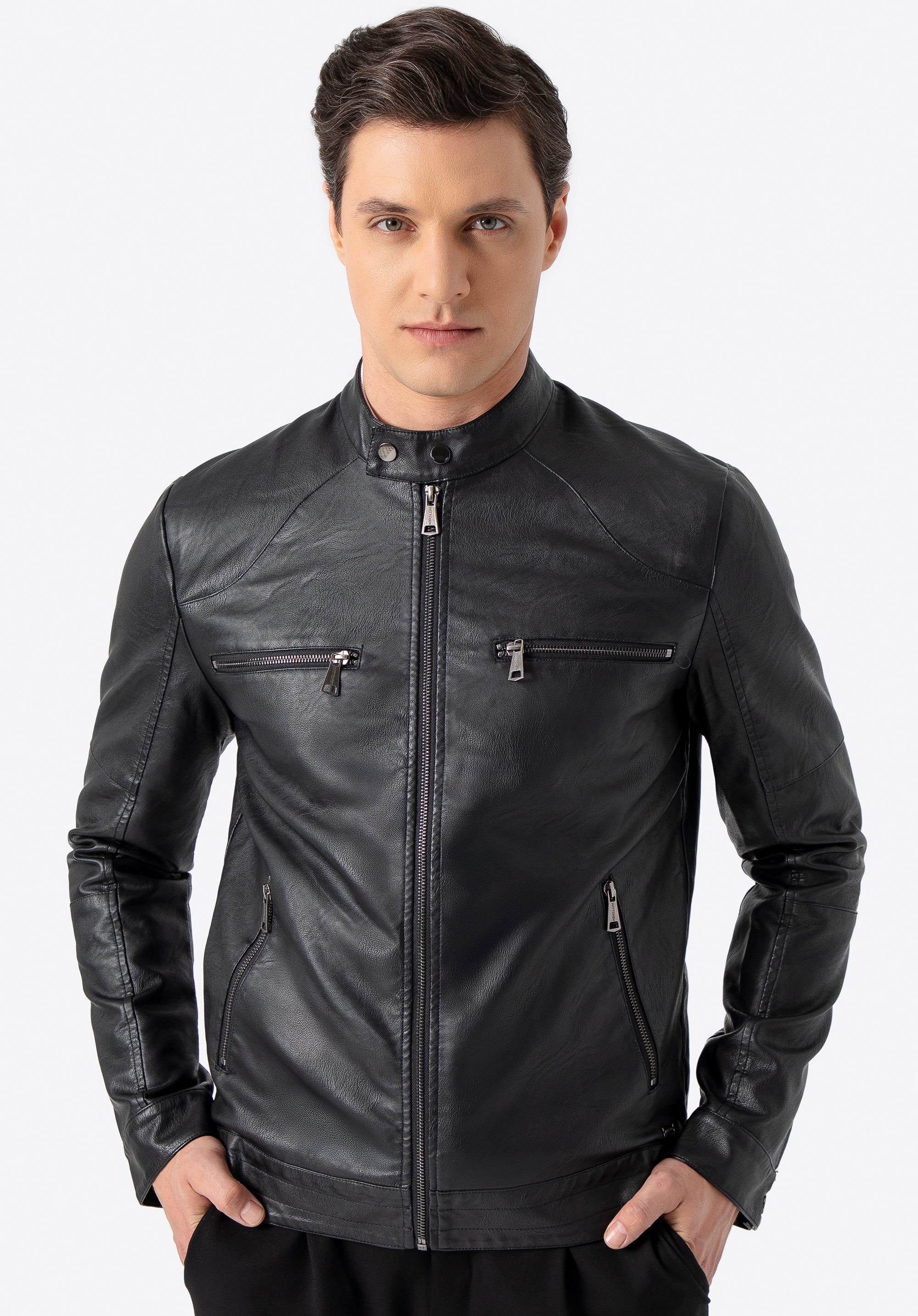 Herrenjacke aus Öko-Leder mit Stehkragen, schwarz, 97-9P-151-1-2XL, Bild 1