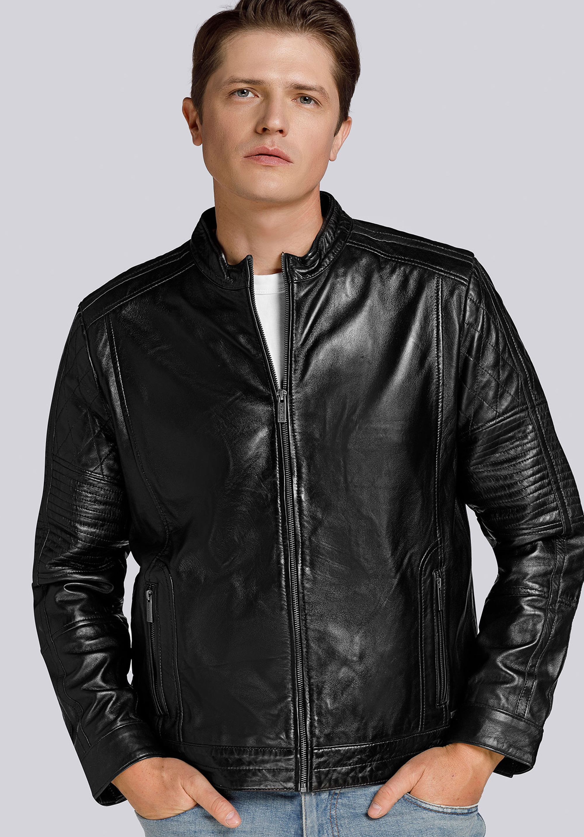 Herrenjacke aus Leder mit Streifen, schwarz, 93-09-601-1-S, Bild 1