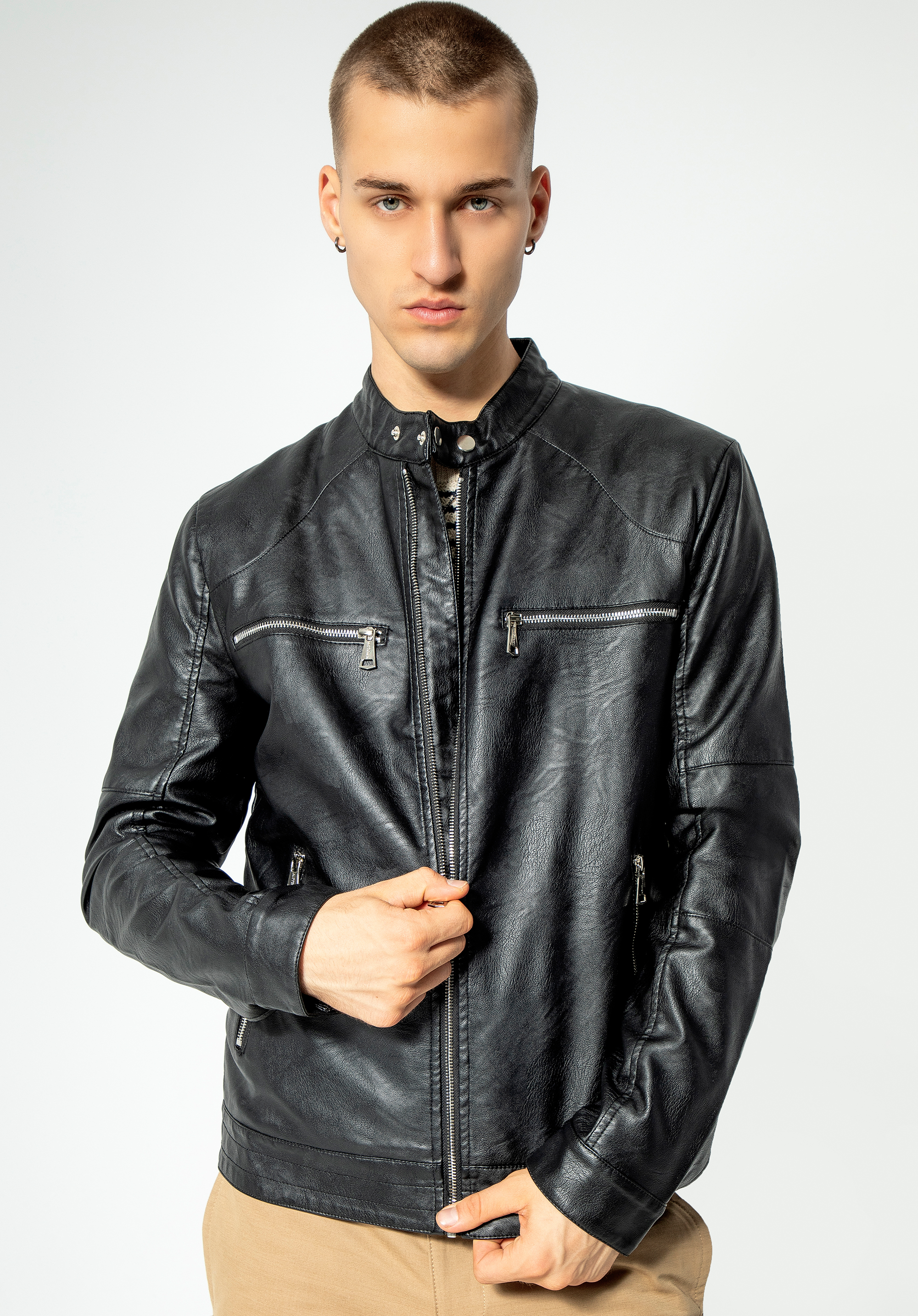 Herrenjacke aus Öko-Leder mit Stehkragen, schwarz, 96-9P-150-1-M, Bild 1