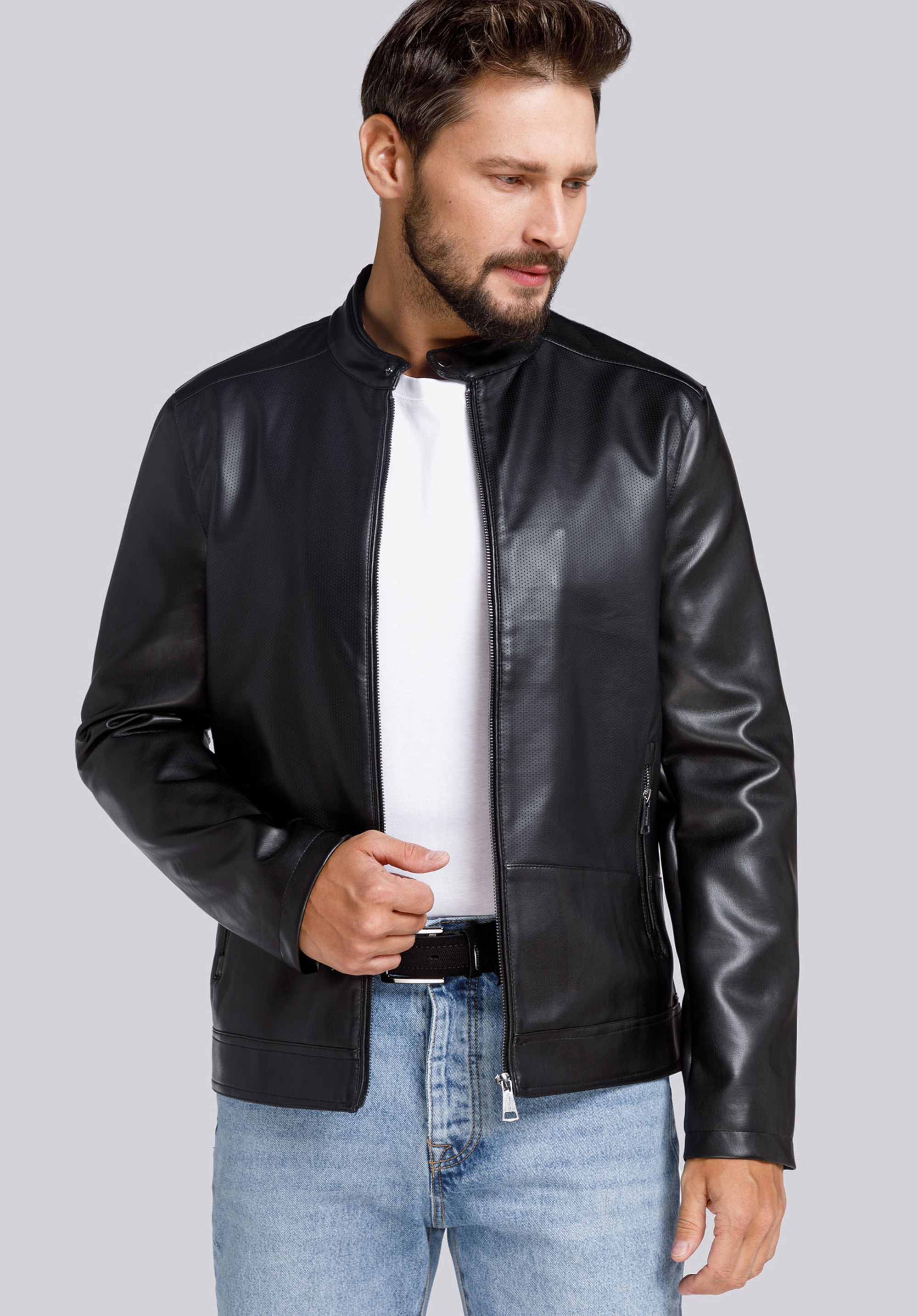 Herrenjacke aus perforiertem Ökoleder, schwarz, 94-9P-152-1-L, Bild 1