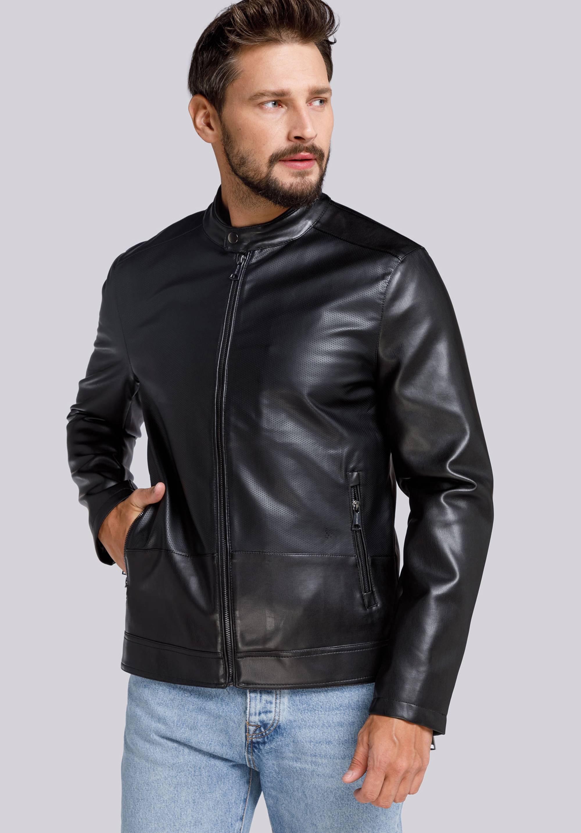 Herrenjacke aus perforiertem Ökoleder, schwarz, 94-9P-152-1-L, Bild 1