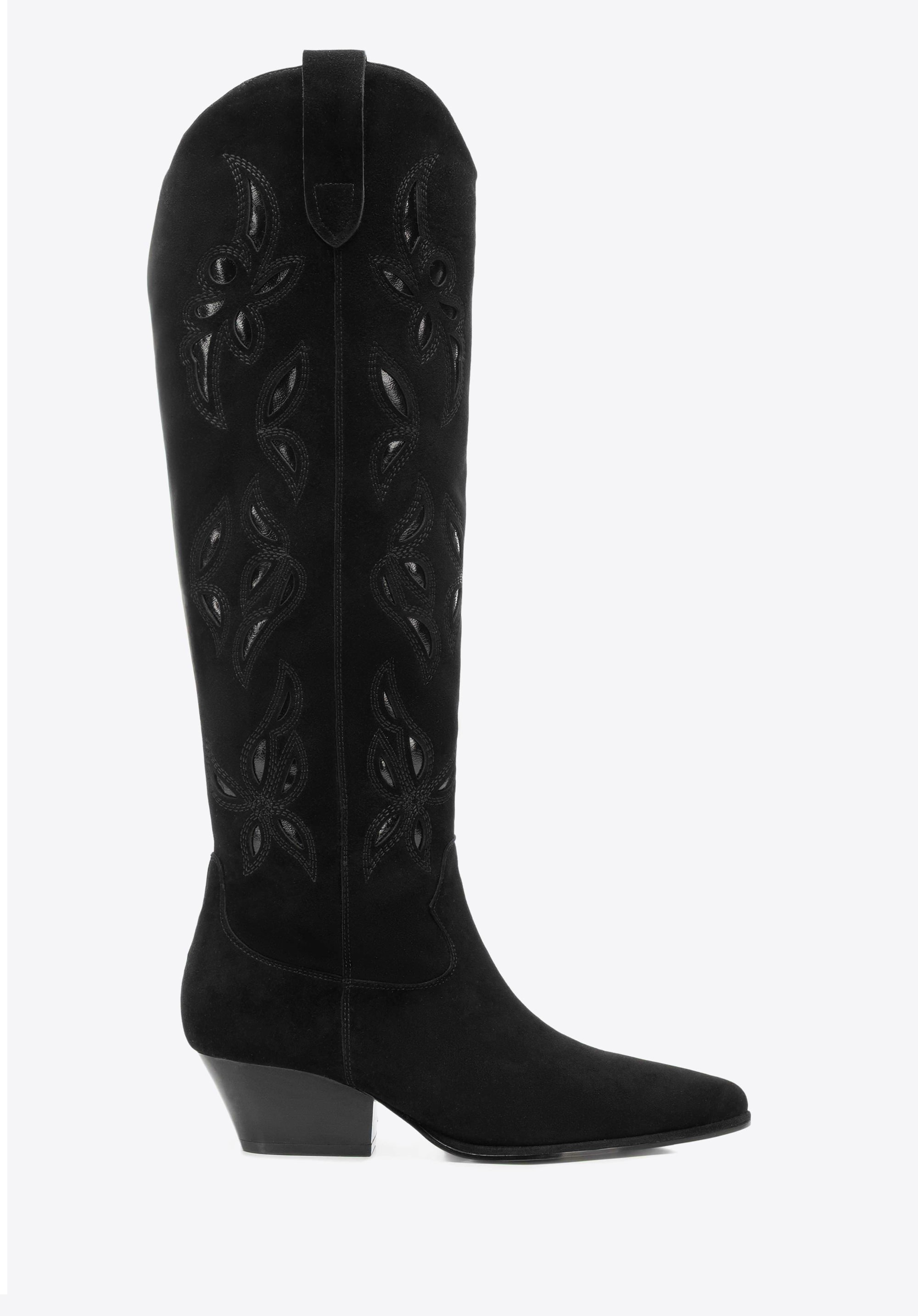 Hohe Damen-Cowboystiefel aus besticktem Wildleder, schwarz, 101-D-968-1-35, Bild 1