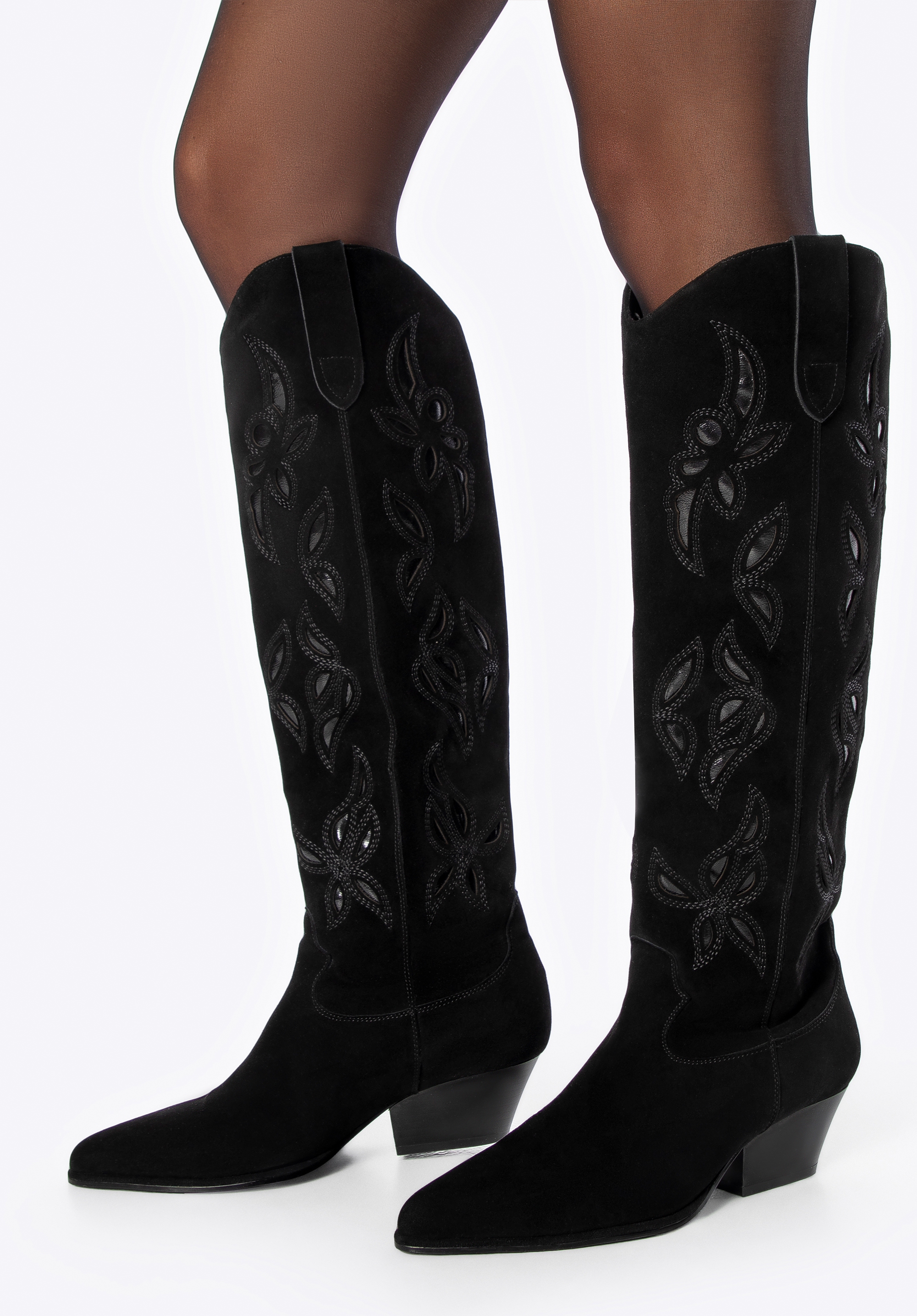 Hohe Damen-Cowboystiefel aus besticktem Wildleder, schwarz, 101-D-968-1-35, Bild 1