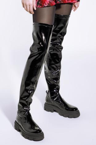 Hohe Damen-Stiefel aus Lackleder, schwarz, 95-D-803-1L-36, Bild 1
