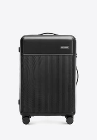 Mittelgroßer Koffer aus ABS-Material mit vertikalen Streifen, schwarz, 56-3A-802-10, Bild 1
