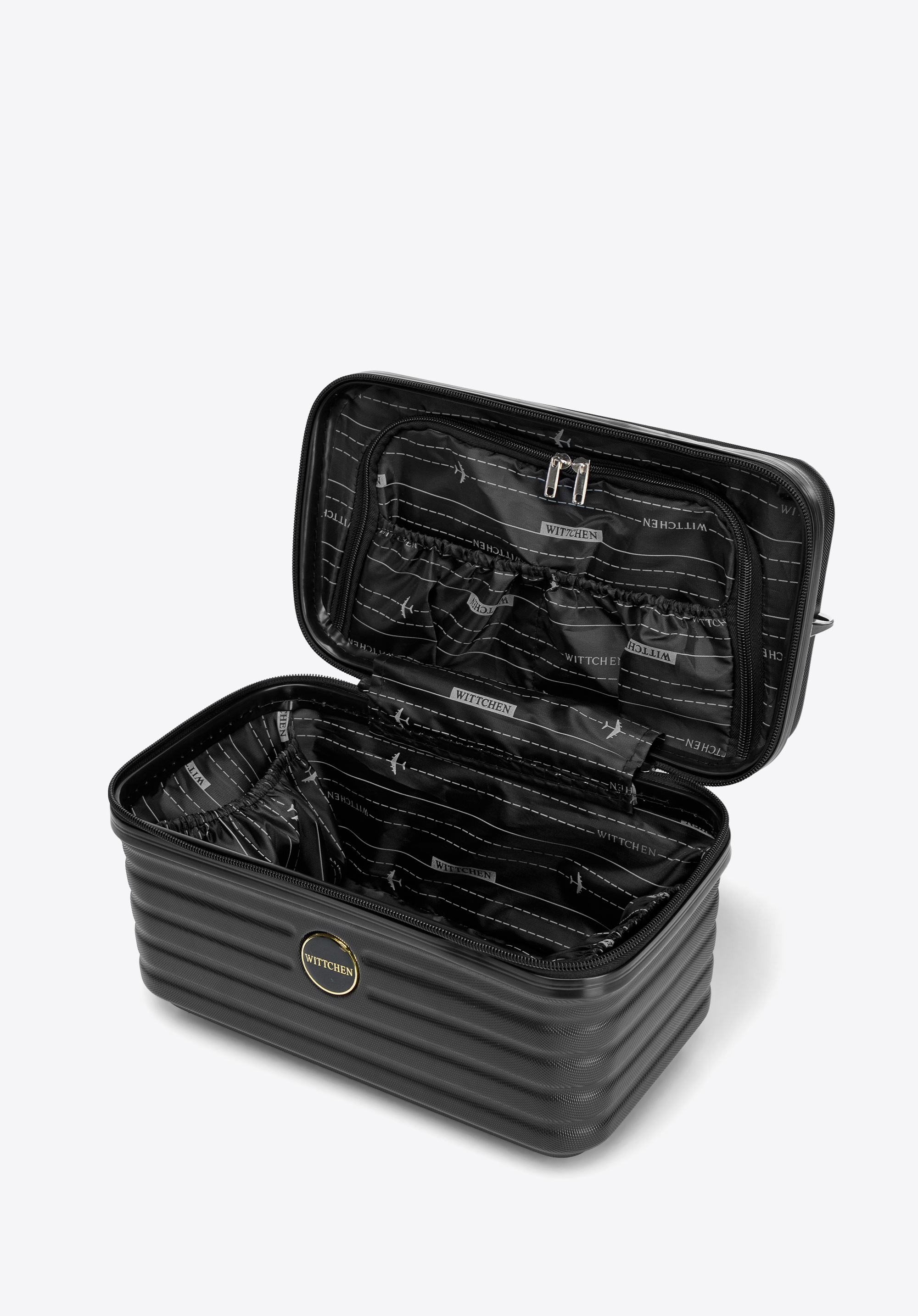 Kosmetikkoffer aus ABS-Material mit diagonalen Streifen, schwarz, 56-3A-744-10, Bild 1