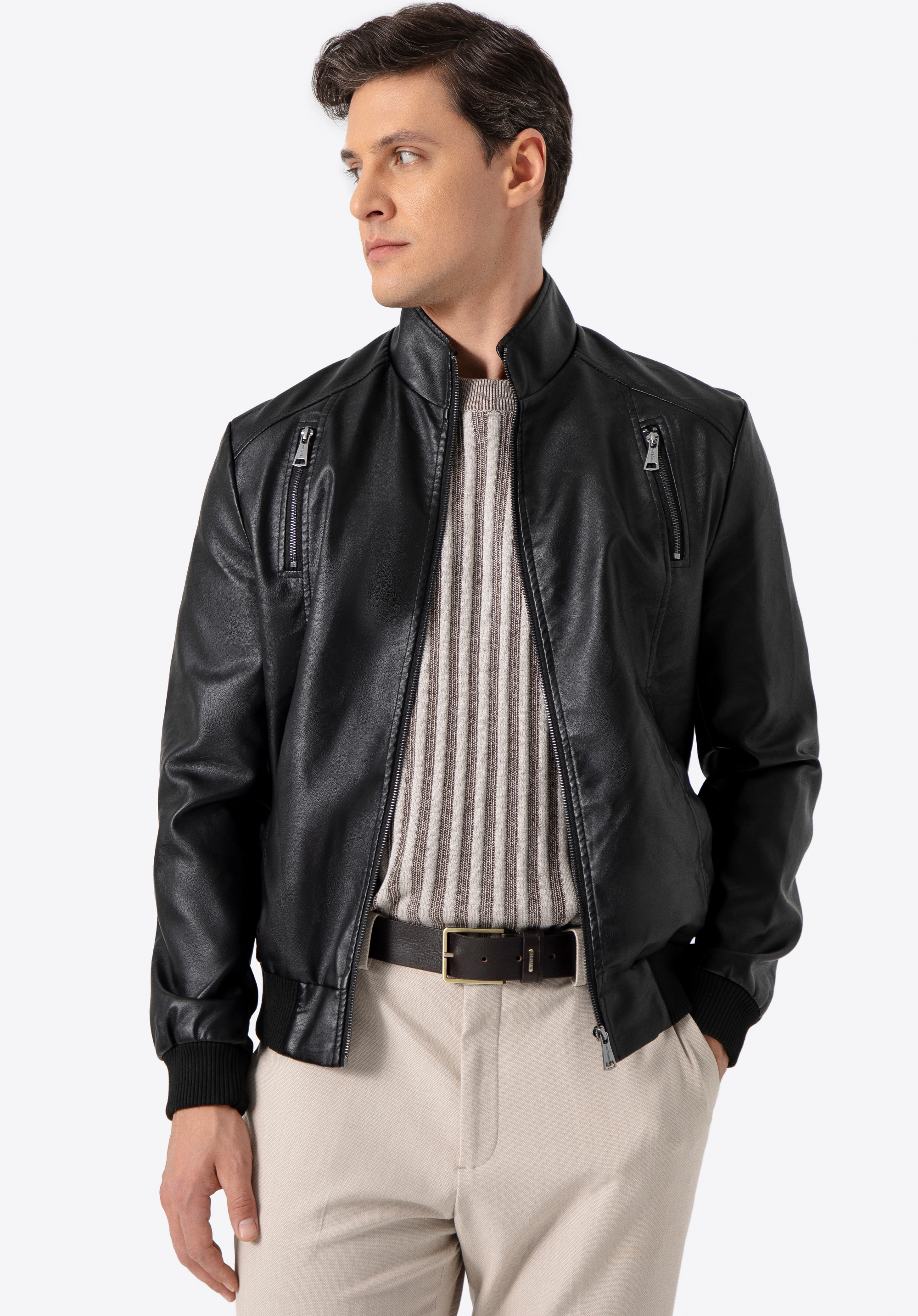 Herrenjacke aus Öko-Leder mit Strickbündchen, schwarz, 96-9P-152-1-M, Bild 1