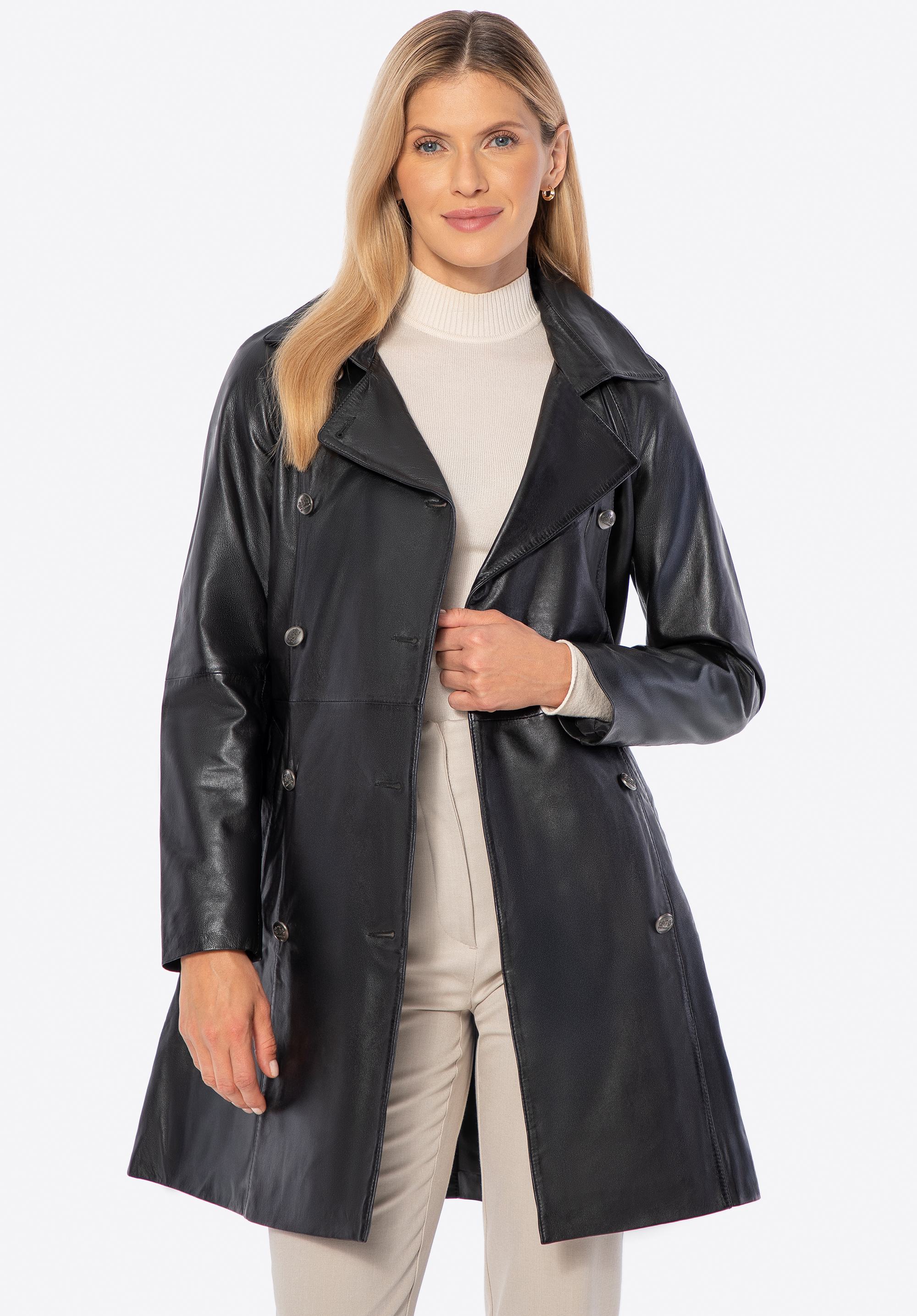 Kurzer zweireihiger Damenmantel aus Schaffellleder, schwarz, 101-09-804-1-XL, Bild 1