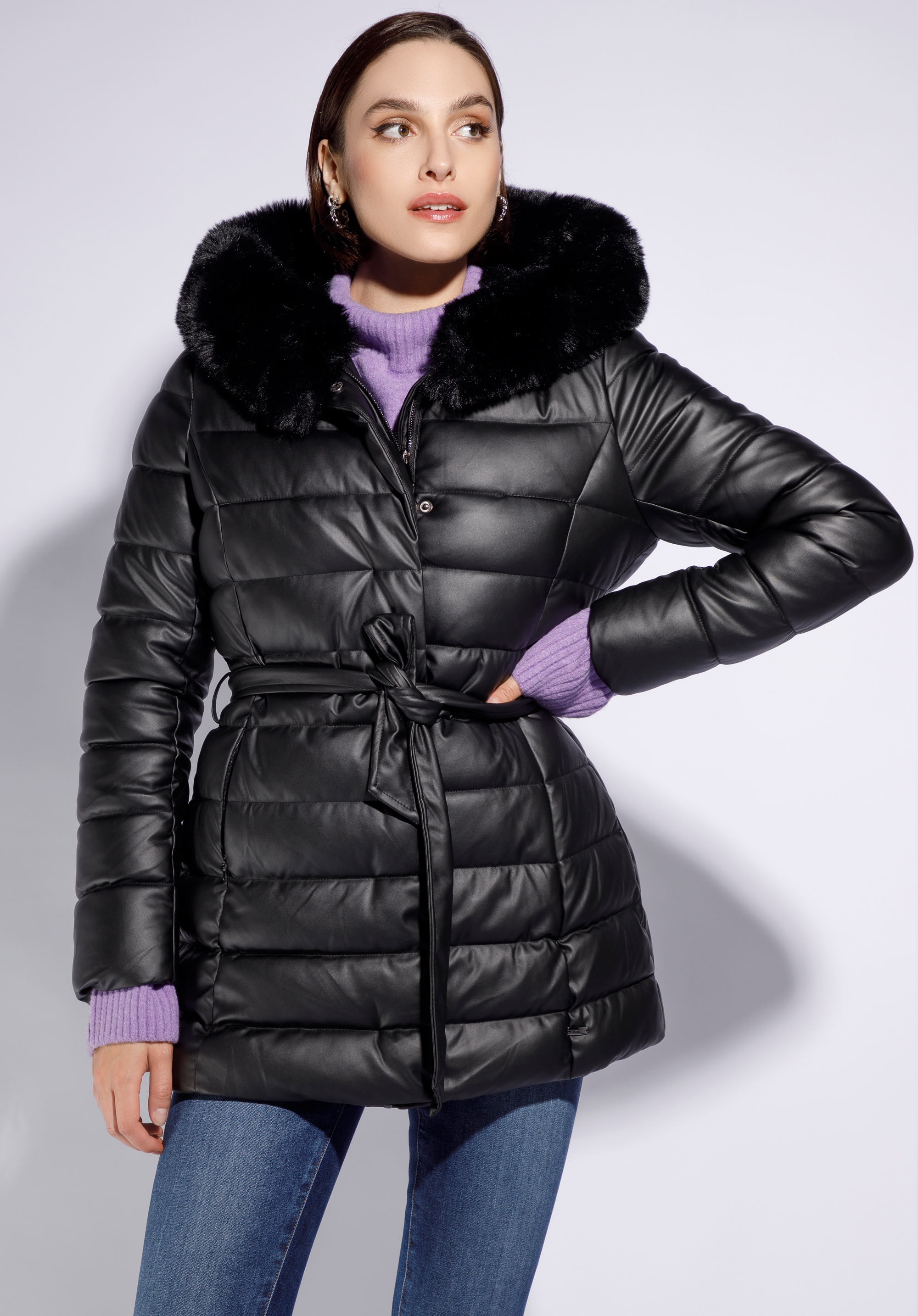 Lange gesteppte Öko-Lederjacke für Damen mit Gürtel |WITTCHEN| 95-9D-102, schwarz, 95-9D-102-1-L, Bild 1