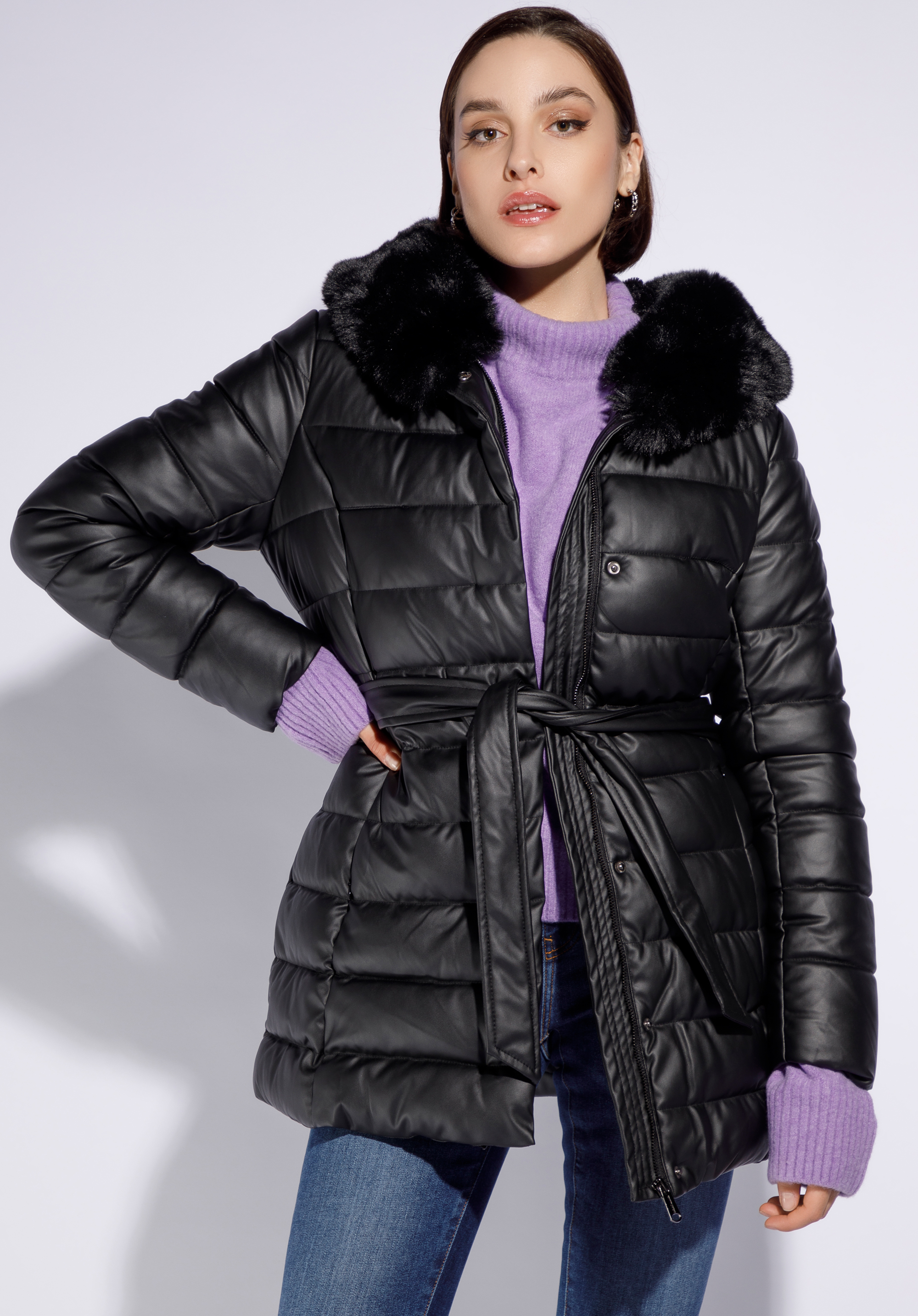 Lange gesteppte Öko-Lederjacke für Damen mit Gürtel |WITTCHEN| 95-9D-102, schwarz, 95-9D-102-1-L, Bild 1